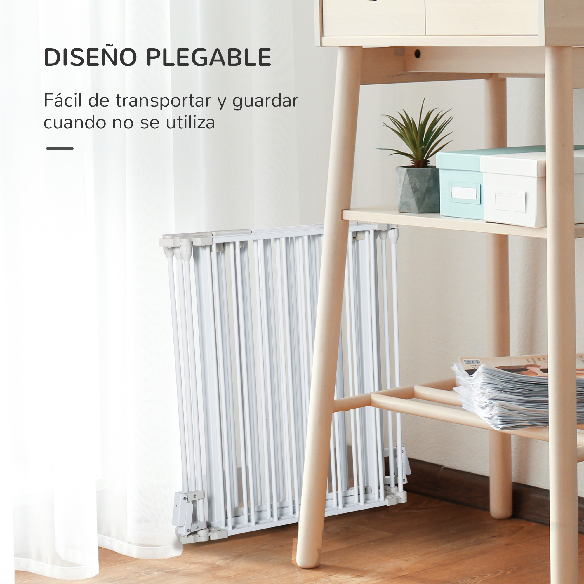 Puerta plegable blanca para mascotas, texto: "DISEÑO PLEGABLE".