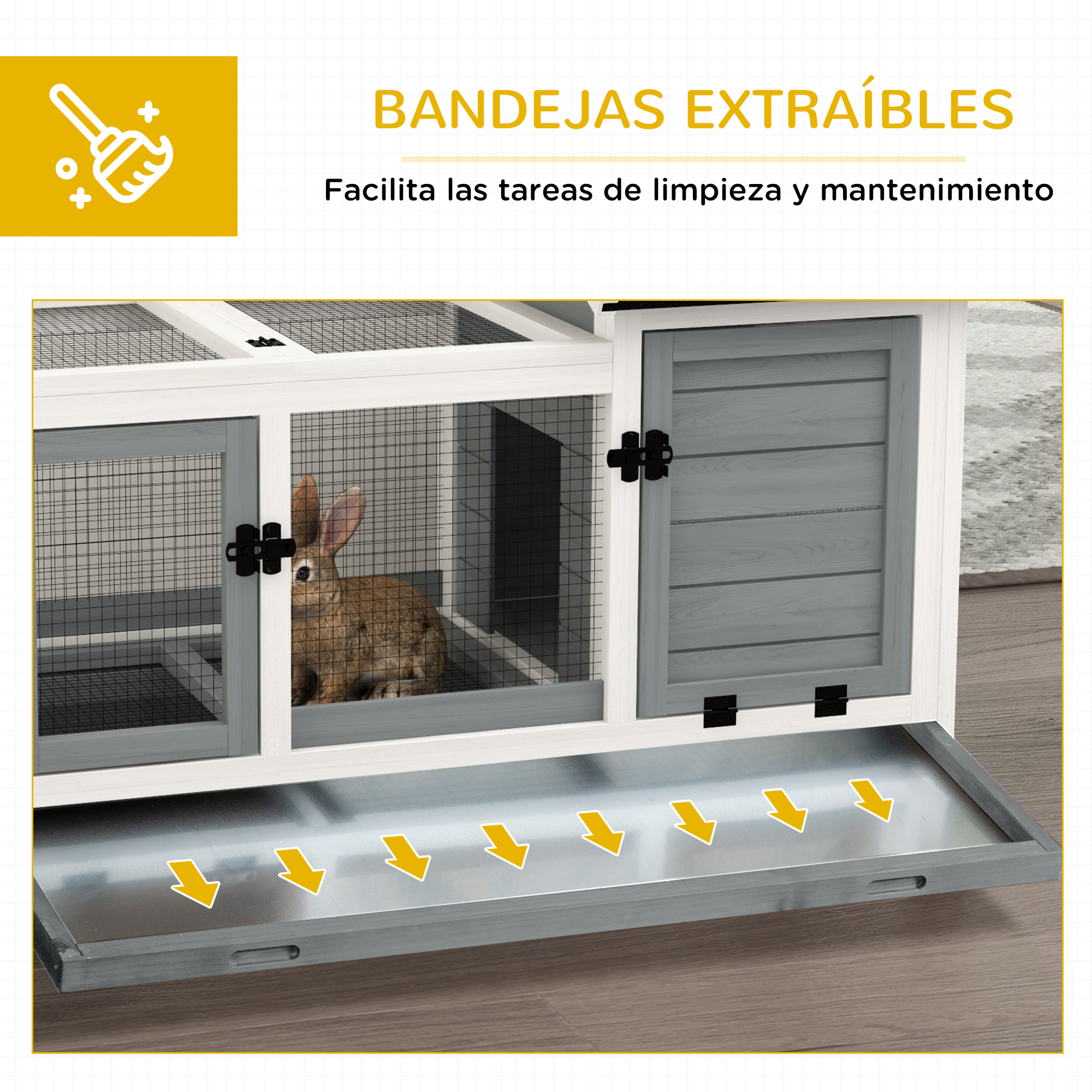 Una conejera con bandeja deslizante. La conejera tiene una puerta y laterales de malla metálica. Un conejo está dentro.