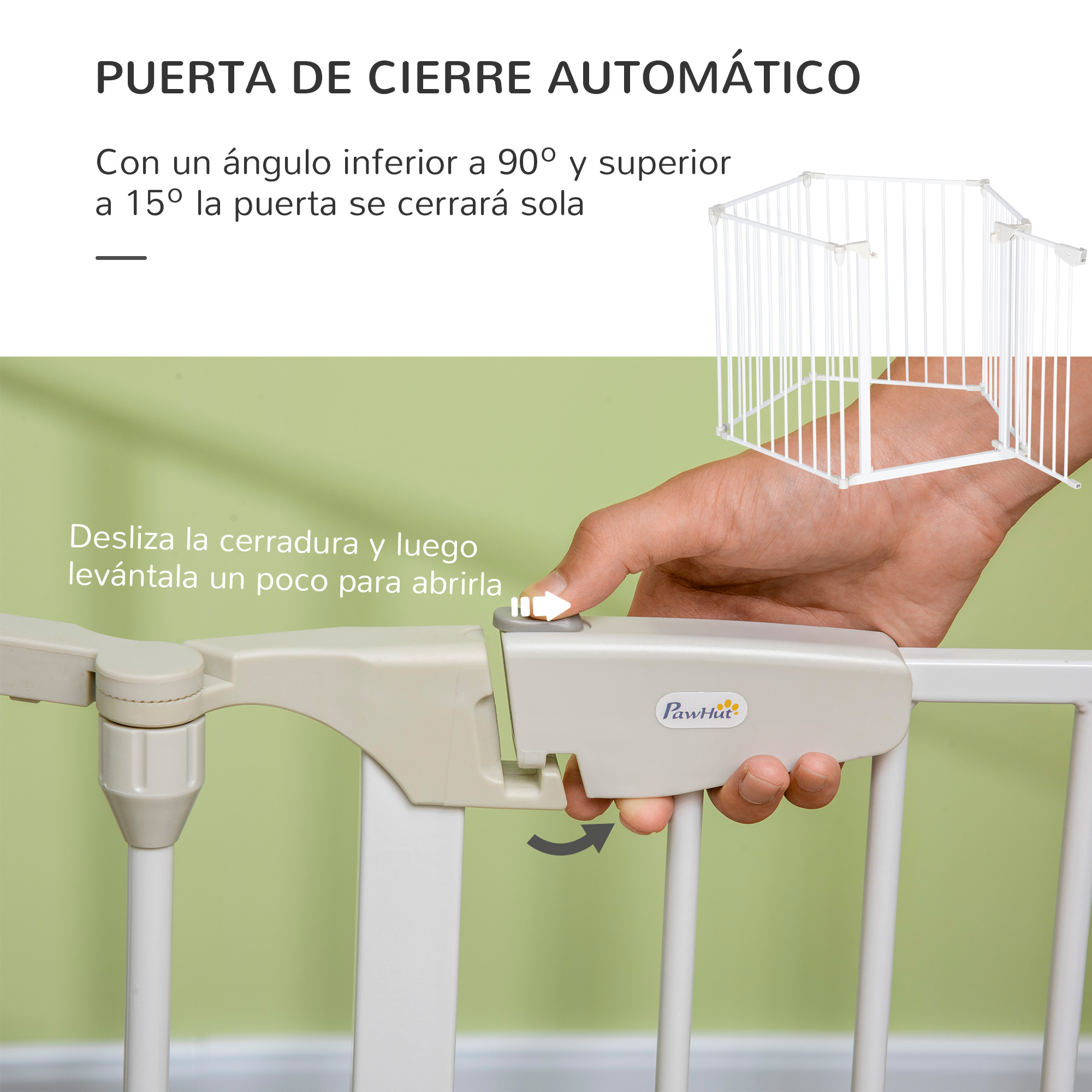 Mano cerrando una puerta. Texto: puerta de cierre automático. Bajo 90 y sobre 15 grados, la puerta se cierra.