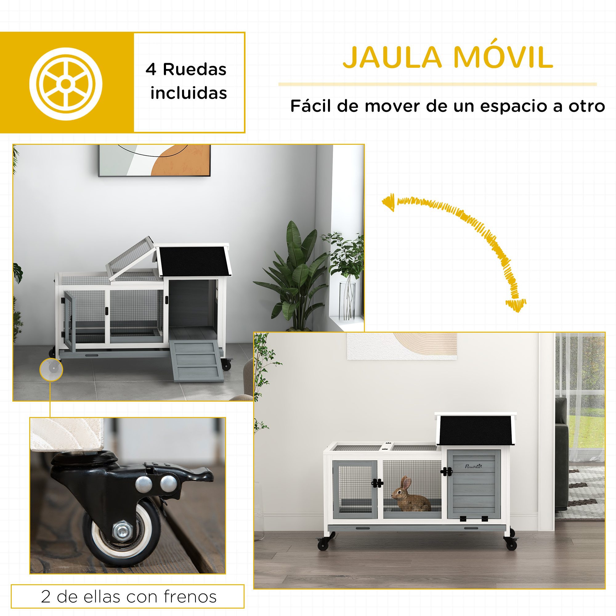 Una jaula móvil para conejos con ruedas y puerta. Mostrada desde diferentes ángulos con detalles.
