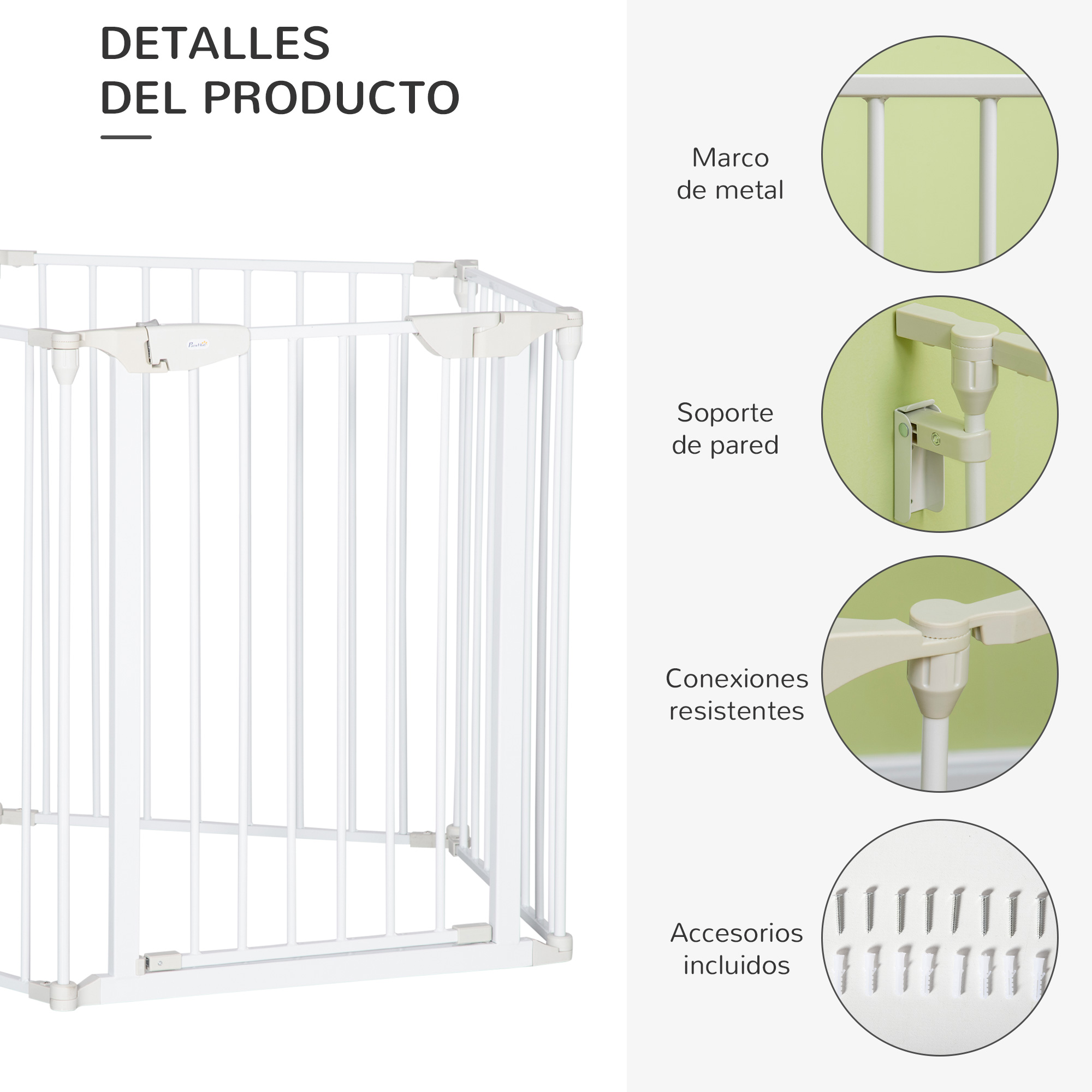 Barrera de seguridad para bebés blanca con detalles de marco metálico, soporte de pared y accesorios.