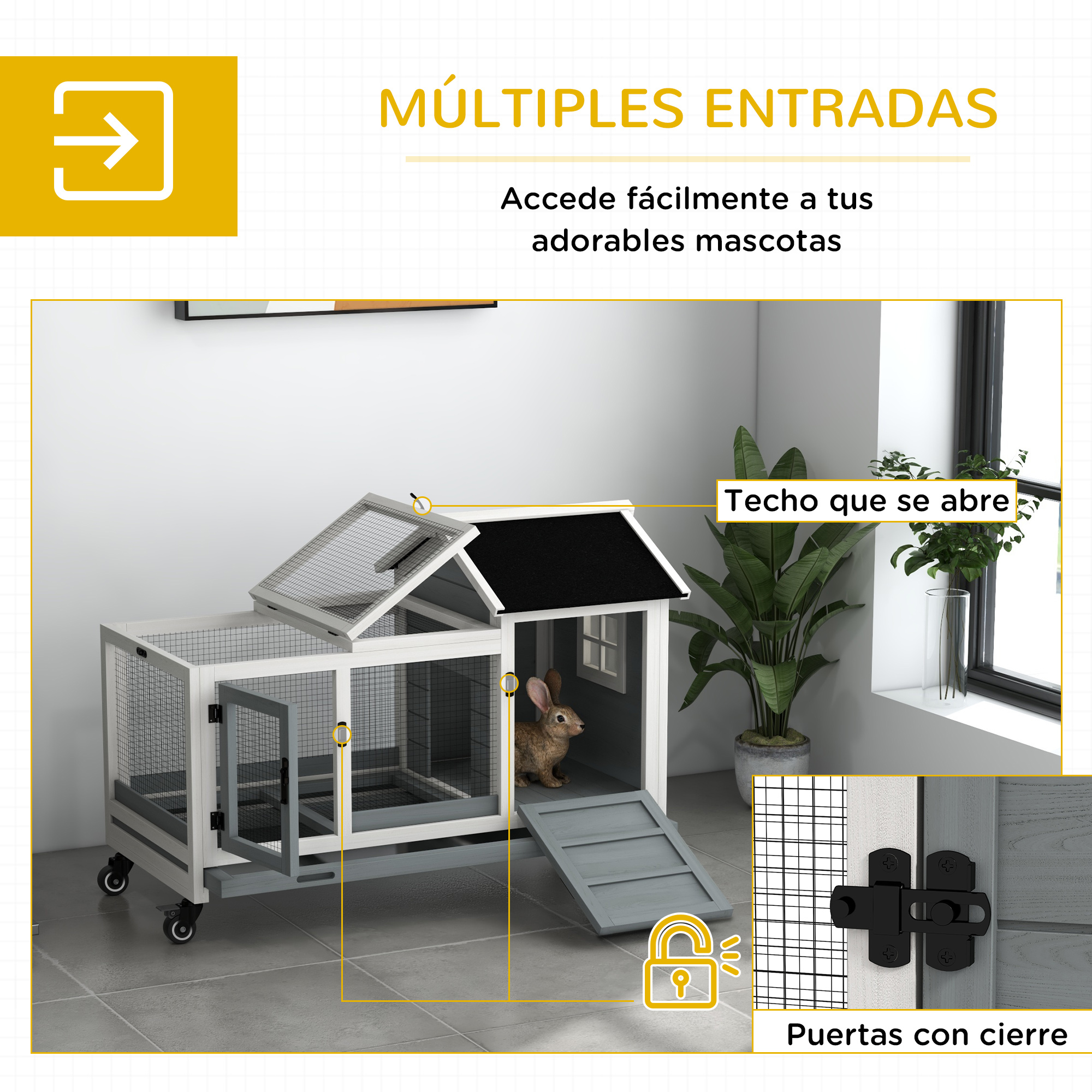 Una conejera blanca y gris con un conejo. Incluye rampa, puerta y techo con bisagras.