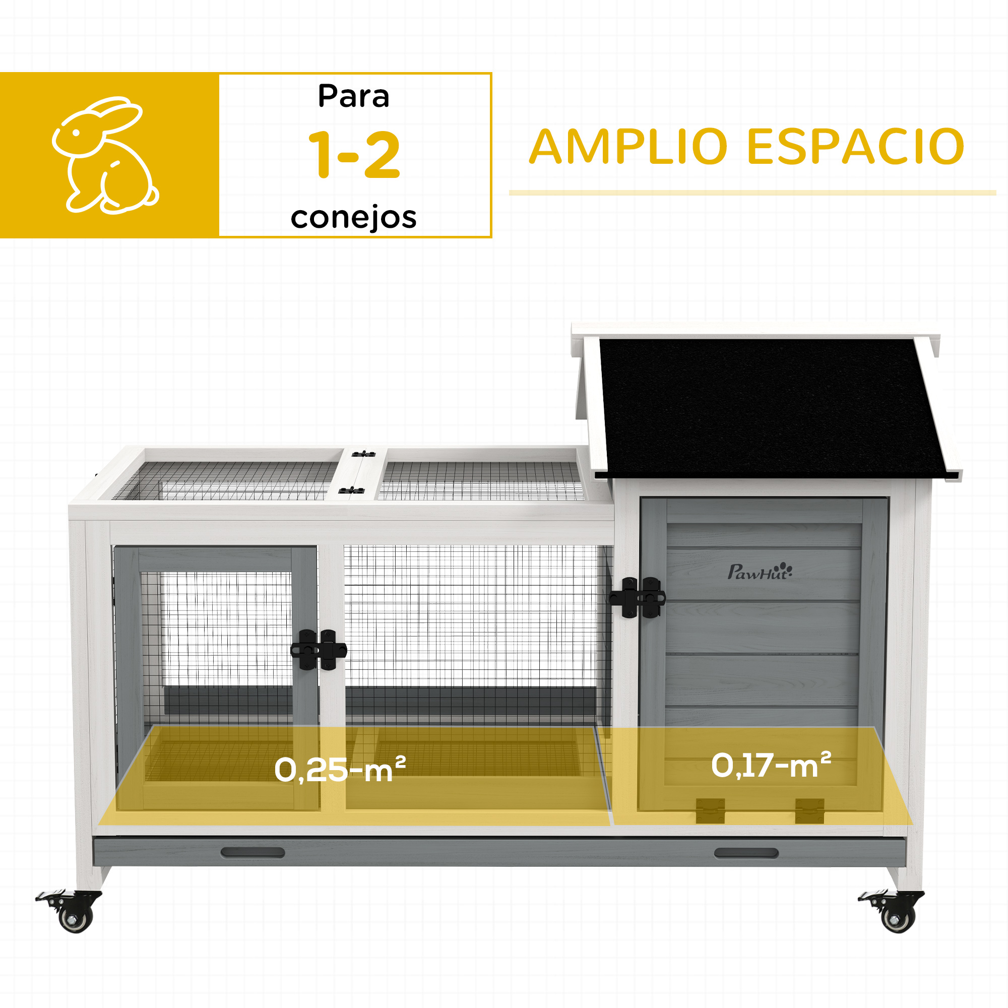 Conejera con marco de madera, malla de alambre y techo negro. Incluye dos áreas para conejos.