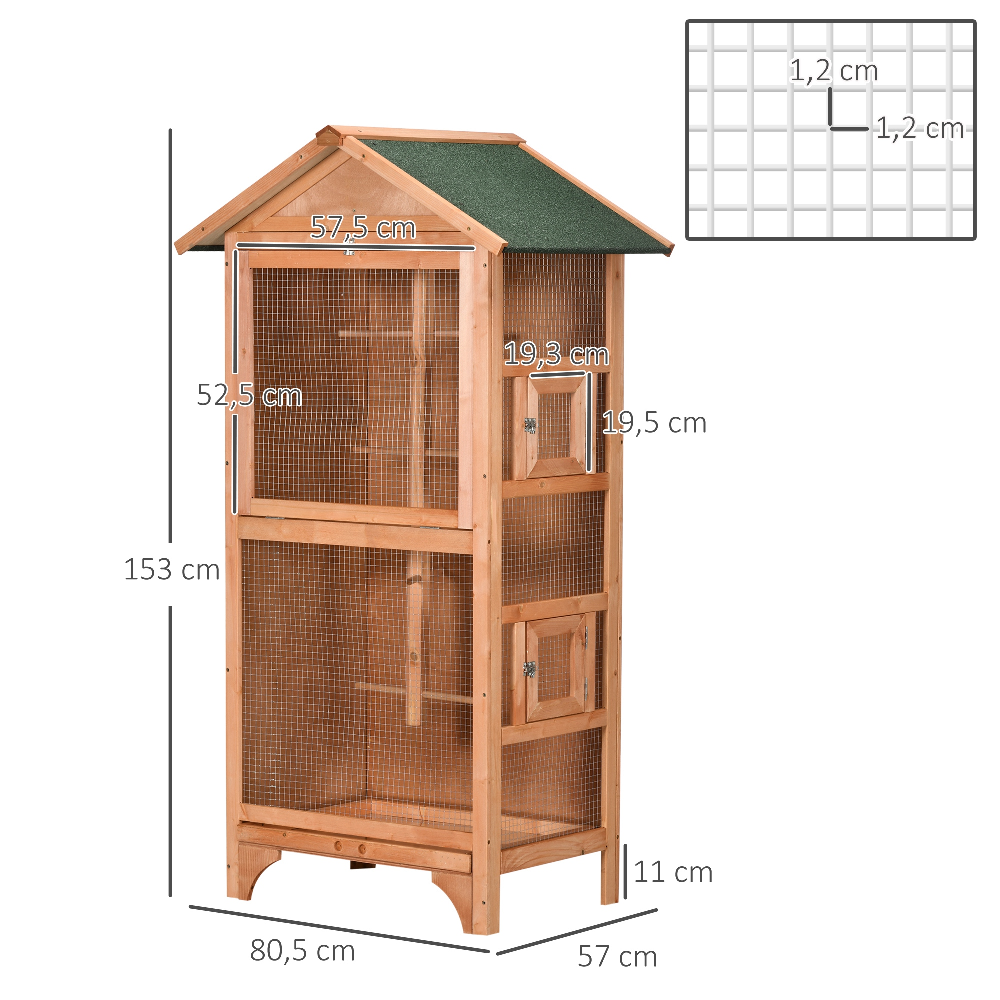 Una jaula de pájaros de madera con dimensiones etiquetadas. Tiene un techo verde y malla de alambre.