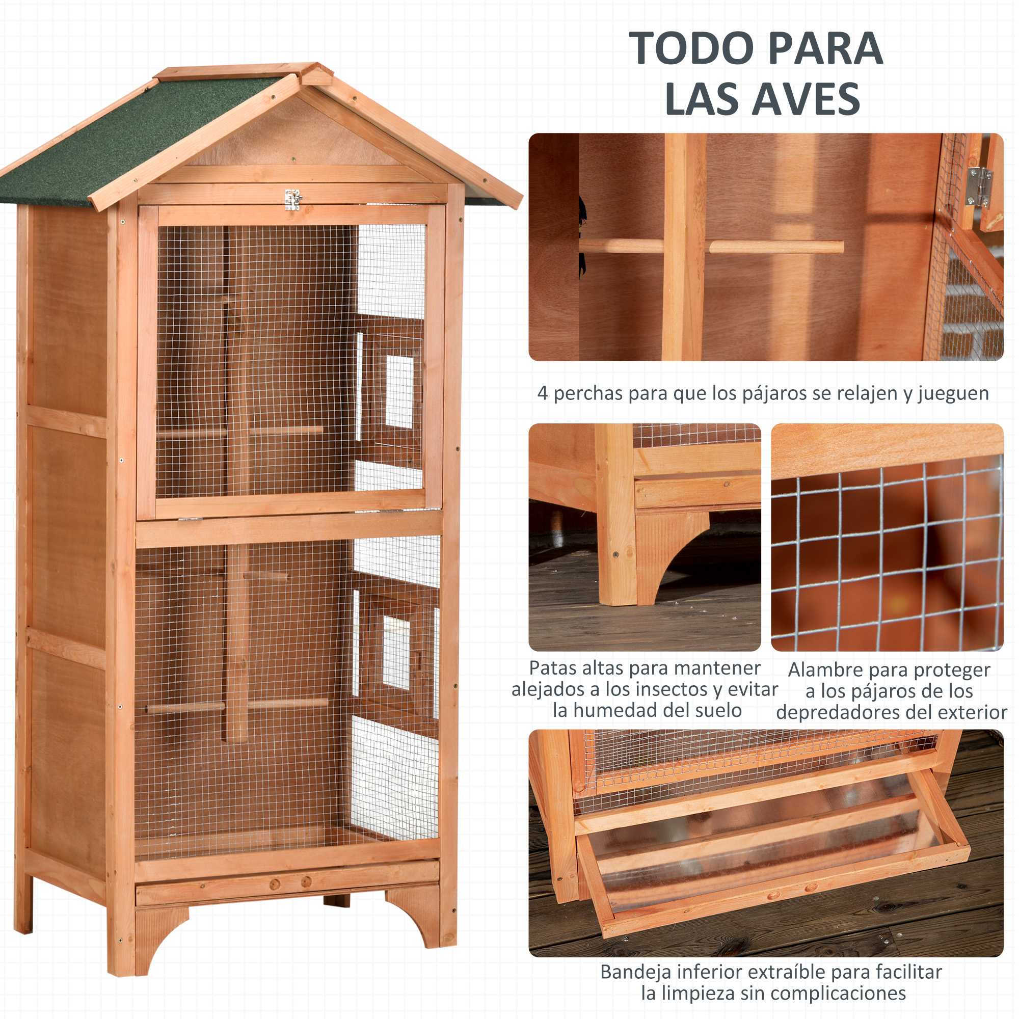 Una jaula de pájaros de madera con detalles. Incluye perchas, alambre y una bandeja extraíble.