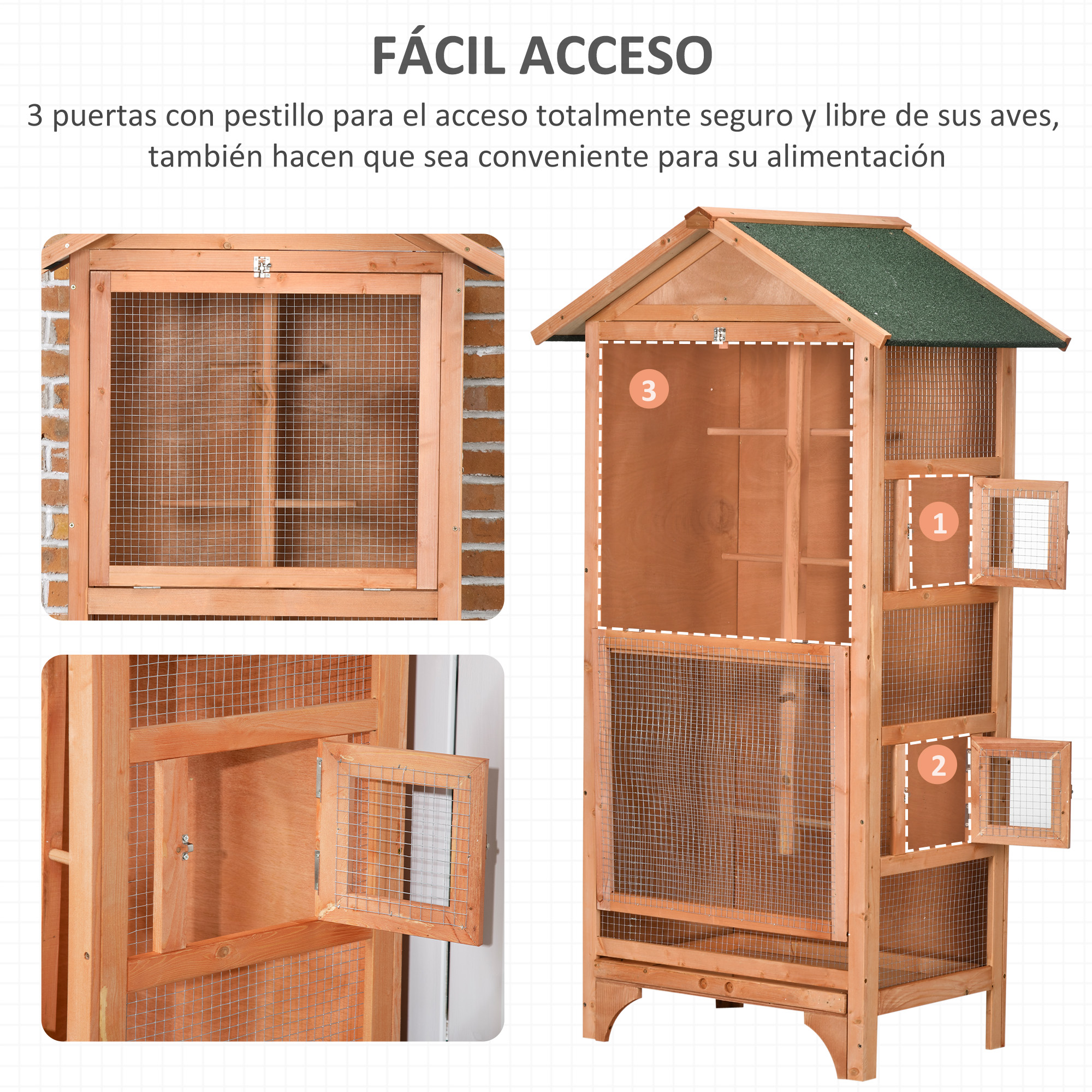 Jaula de pájaros de madera con múltiples puertas y malla metálica, partes numeradas.