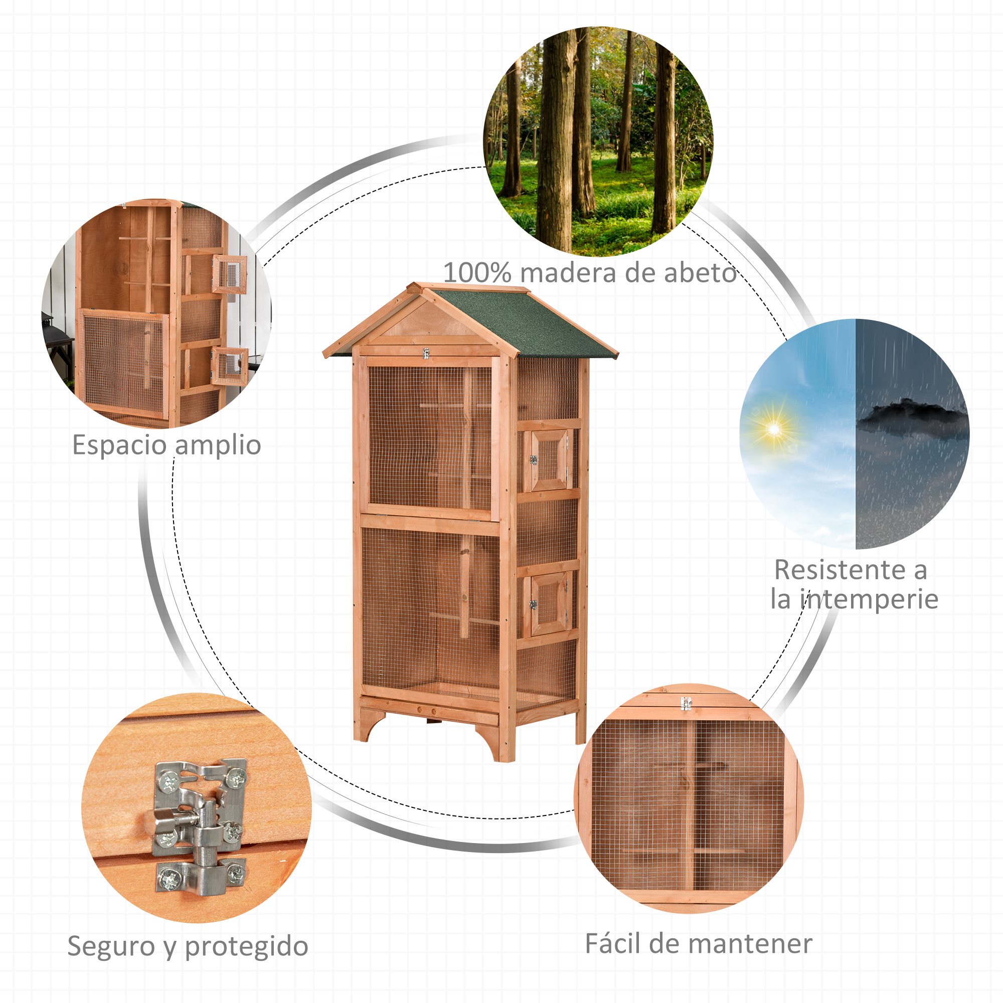 Jaula de pájaros de madera con detalles que resaltan características: espacio amplio, resistencia a la intemperie y fácil mantenimiento.