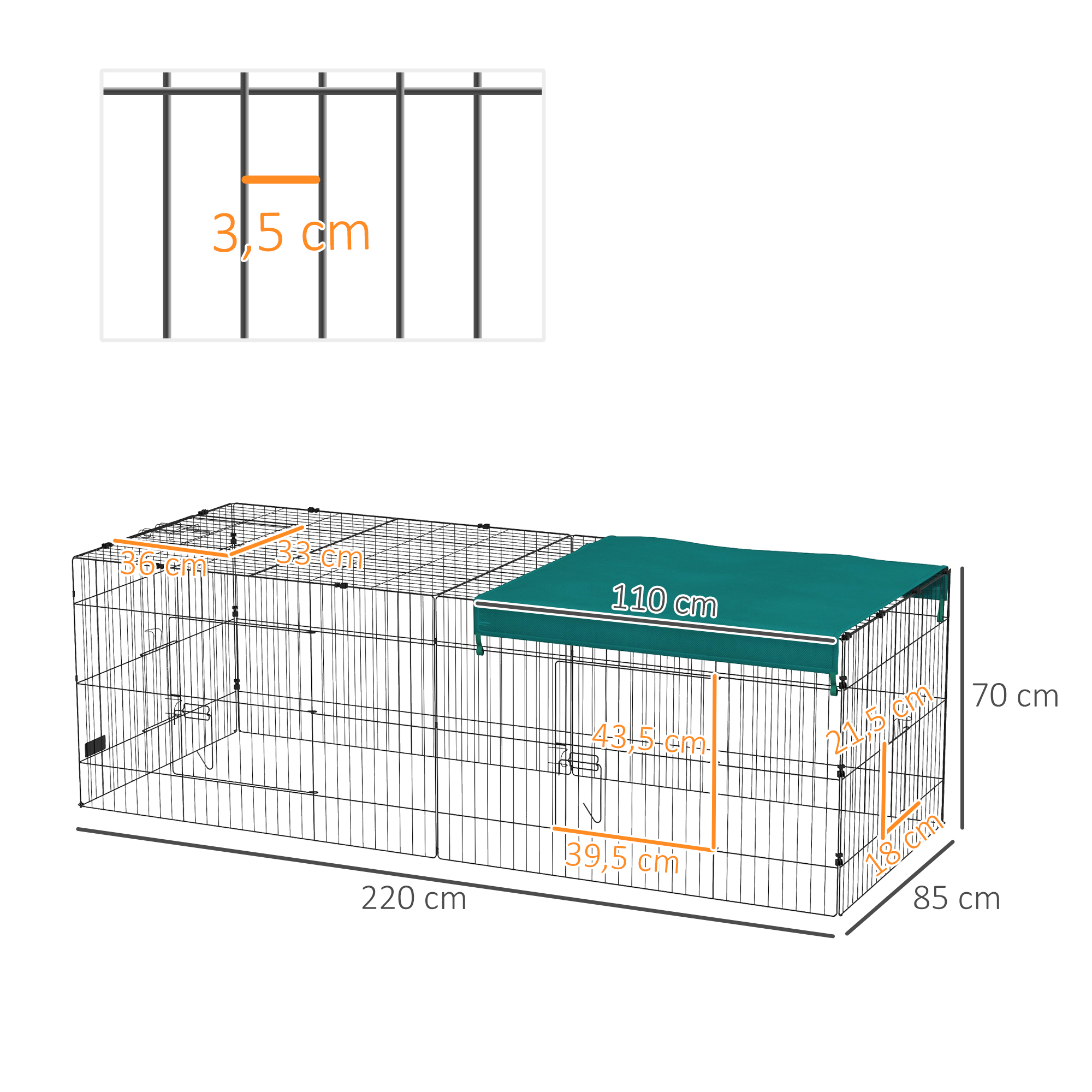 Un diagrama de un cercado para perros de metal. Proporciona dimensiones como altura, longitud y ancho.