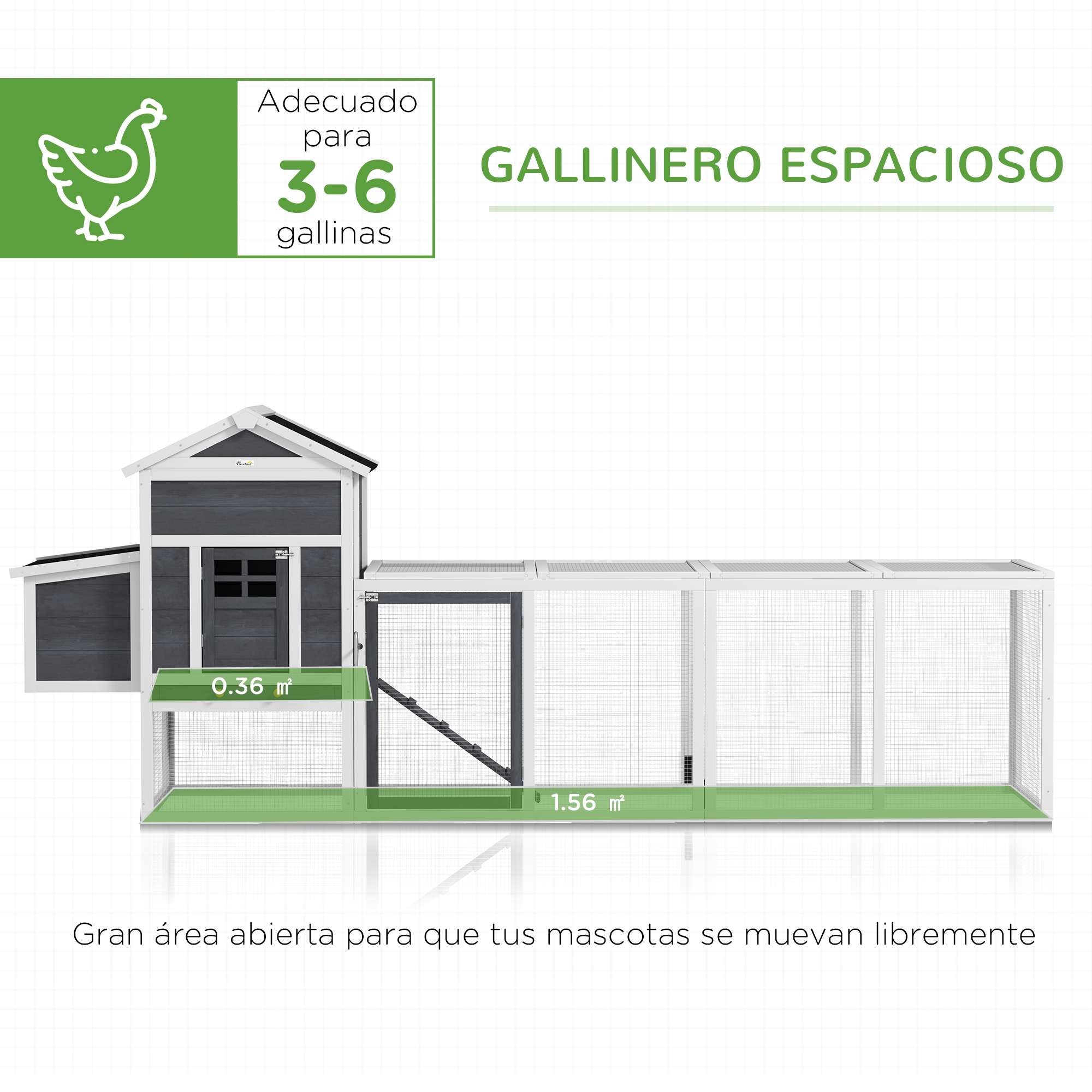 Gallinero espacioso con un corral. Fondo de hierba verde.