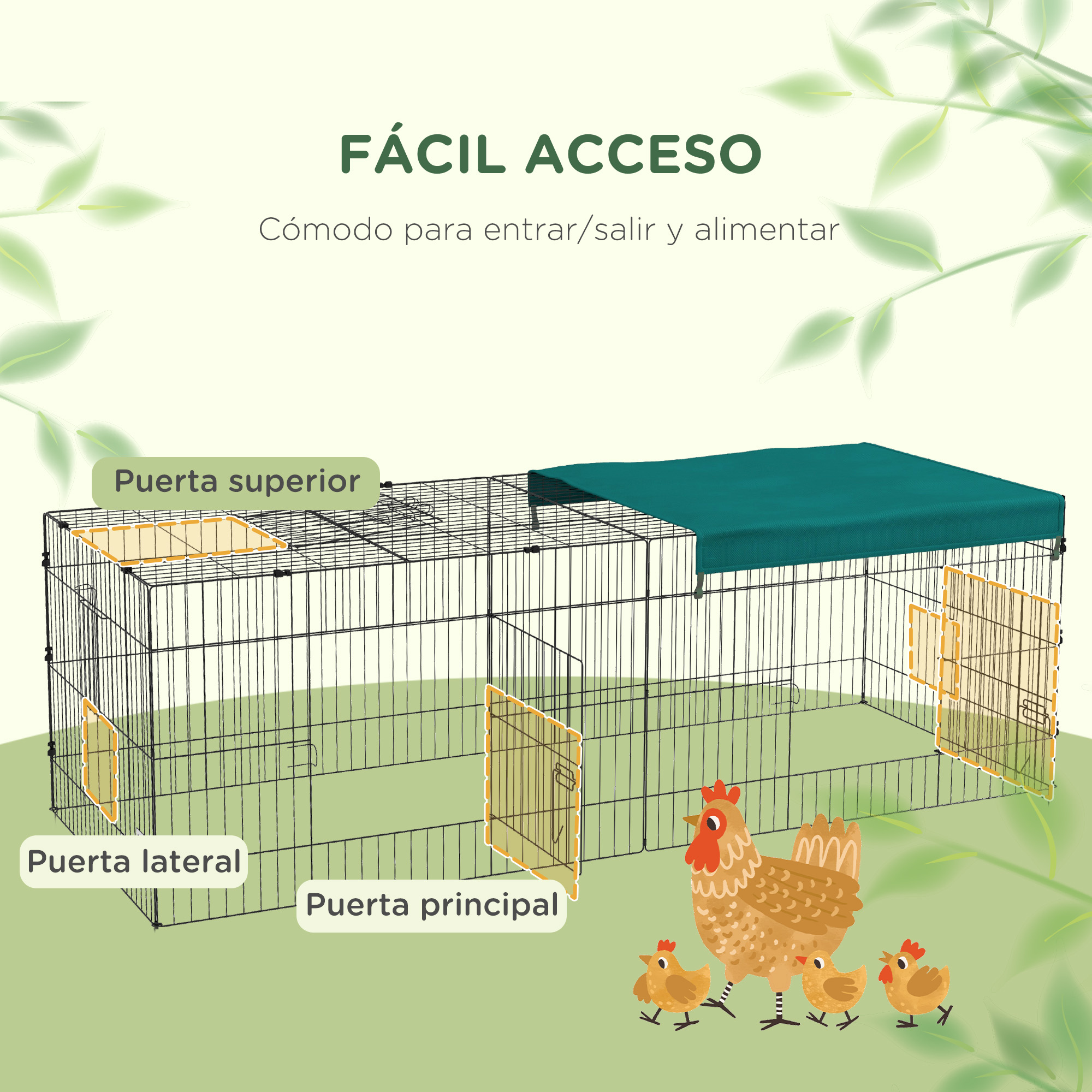 Gallinero con etiquetas. Puertas. Una gallina y pollitos presentes.