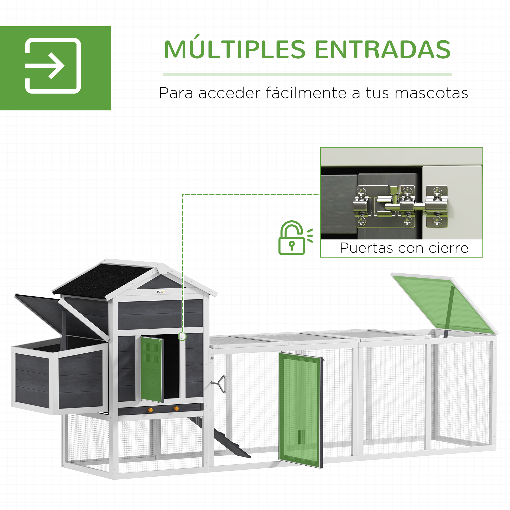 Gallinero de madera con múltiples entradas, puertas verdes y ventanas de malla. Texto: Múltiples entradas.