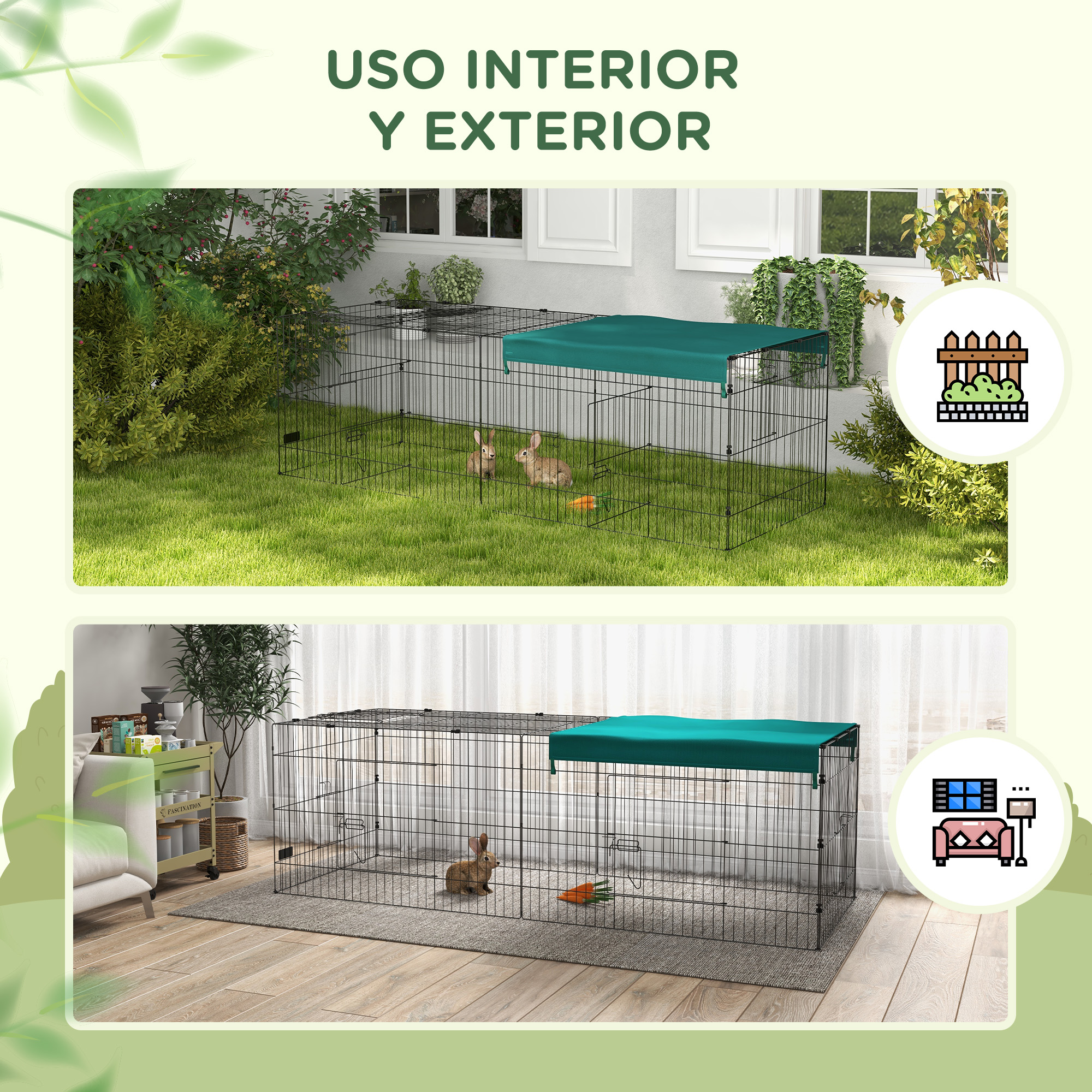 Recinto de valla para perros. Uso interior y exterior. Conejos y zanahorias. Interior con sofá.