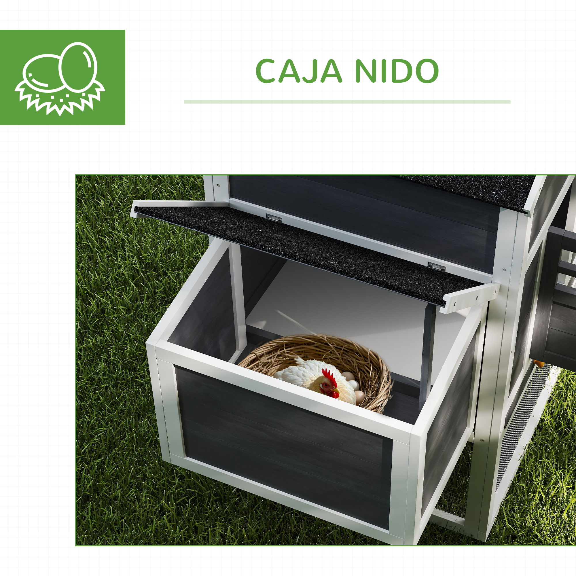 Un gallinero con una gallina blanca en un nido. El gallinero es de madera y está abierto.