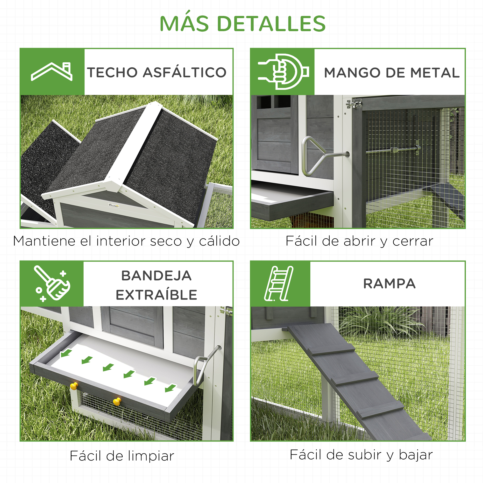 Vistas detalladas de un gallinero, destacando el techo, el mango metálico, la bandeja extraíble y la rampa.
