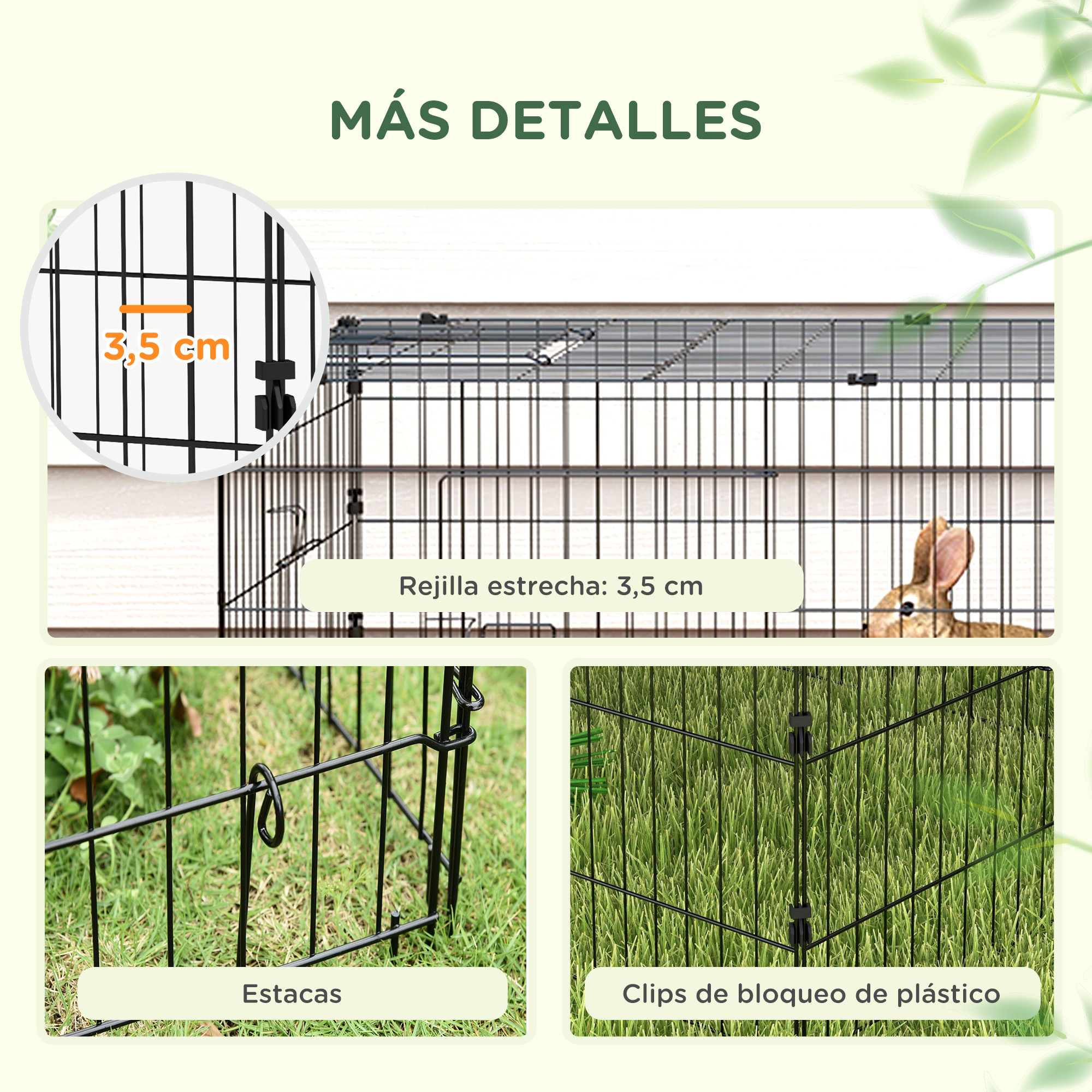 Primer plano de una valla metálica con un hueco de 3,5 cm. El texto dice 'más detalles'.