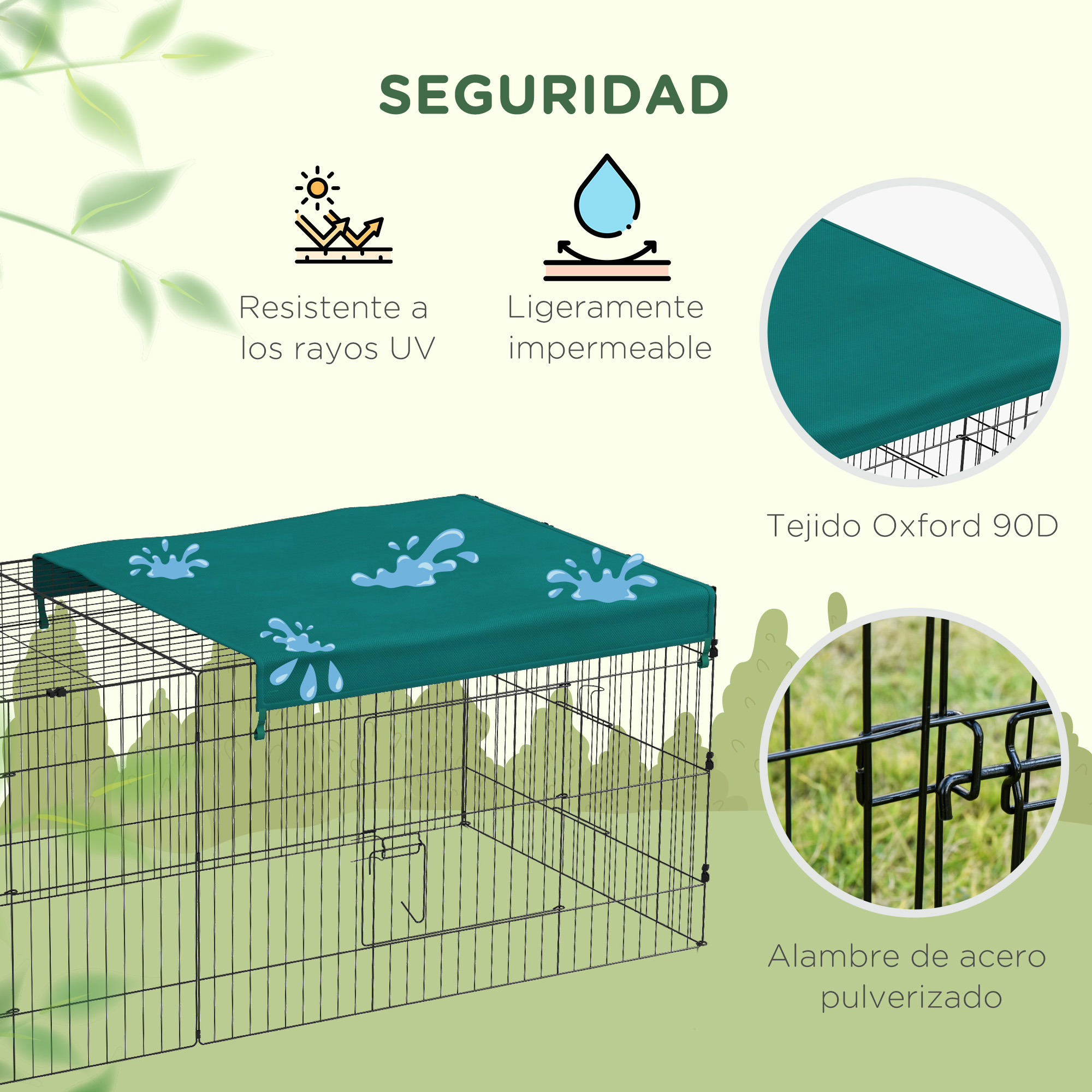 Un toldo verde con estructura de acero, que muestra resistencia UV y al agua.