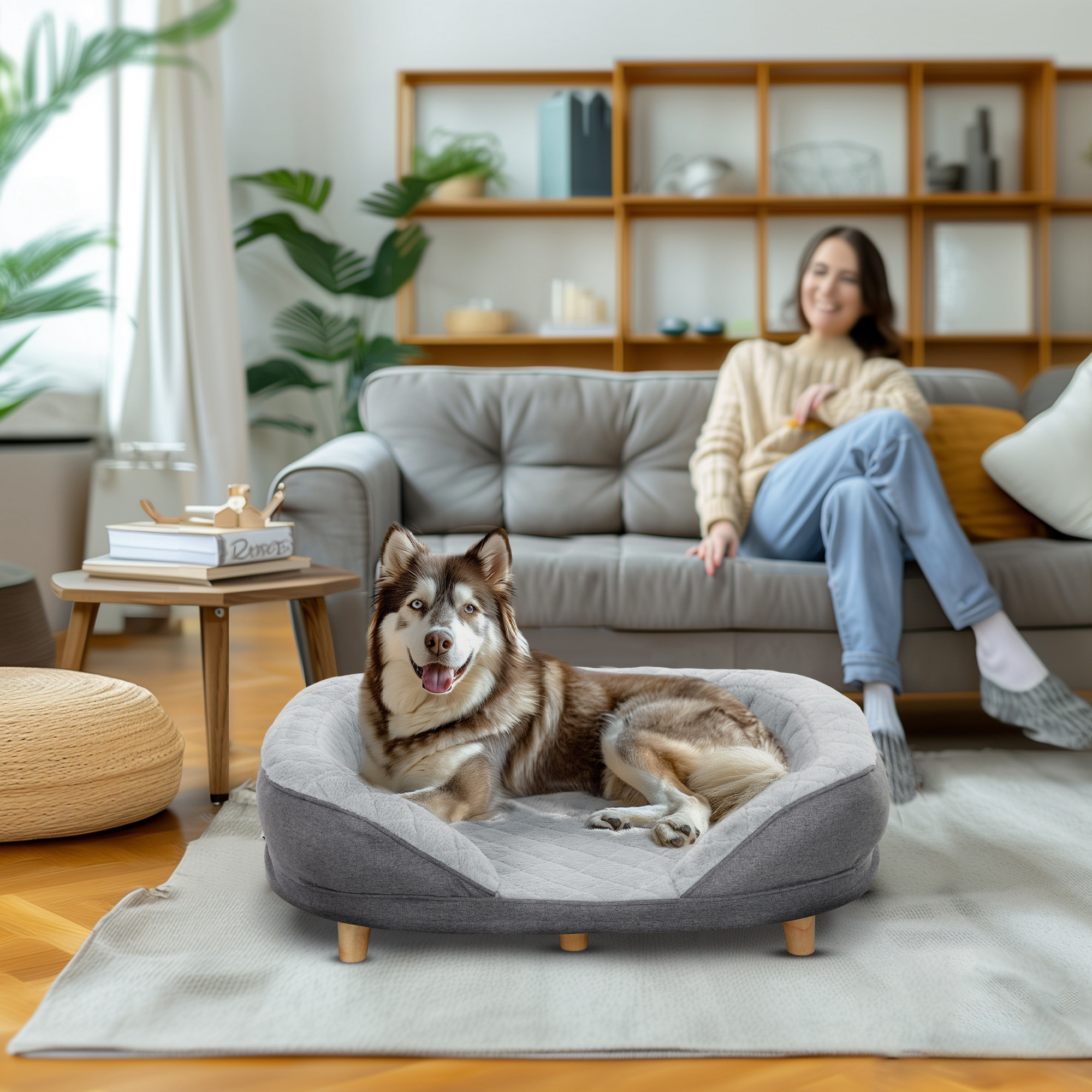 Cama para perros con un perro acostado y una mujer en el fondo.