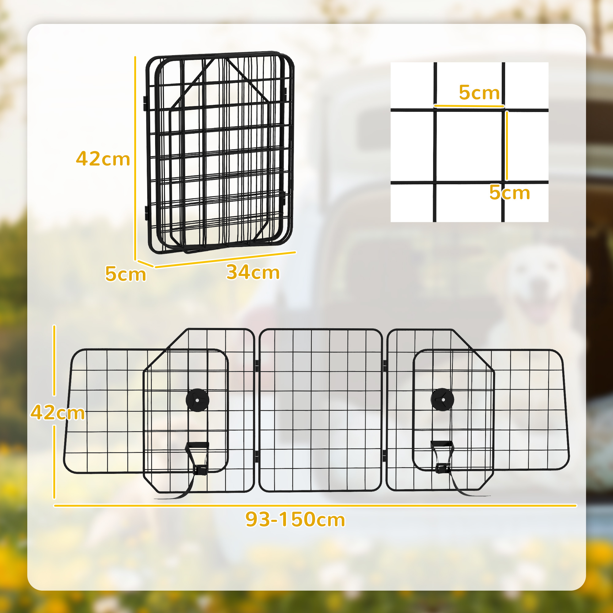 Barrera negra para perros con dimensiones y diagrama.