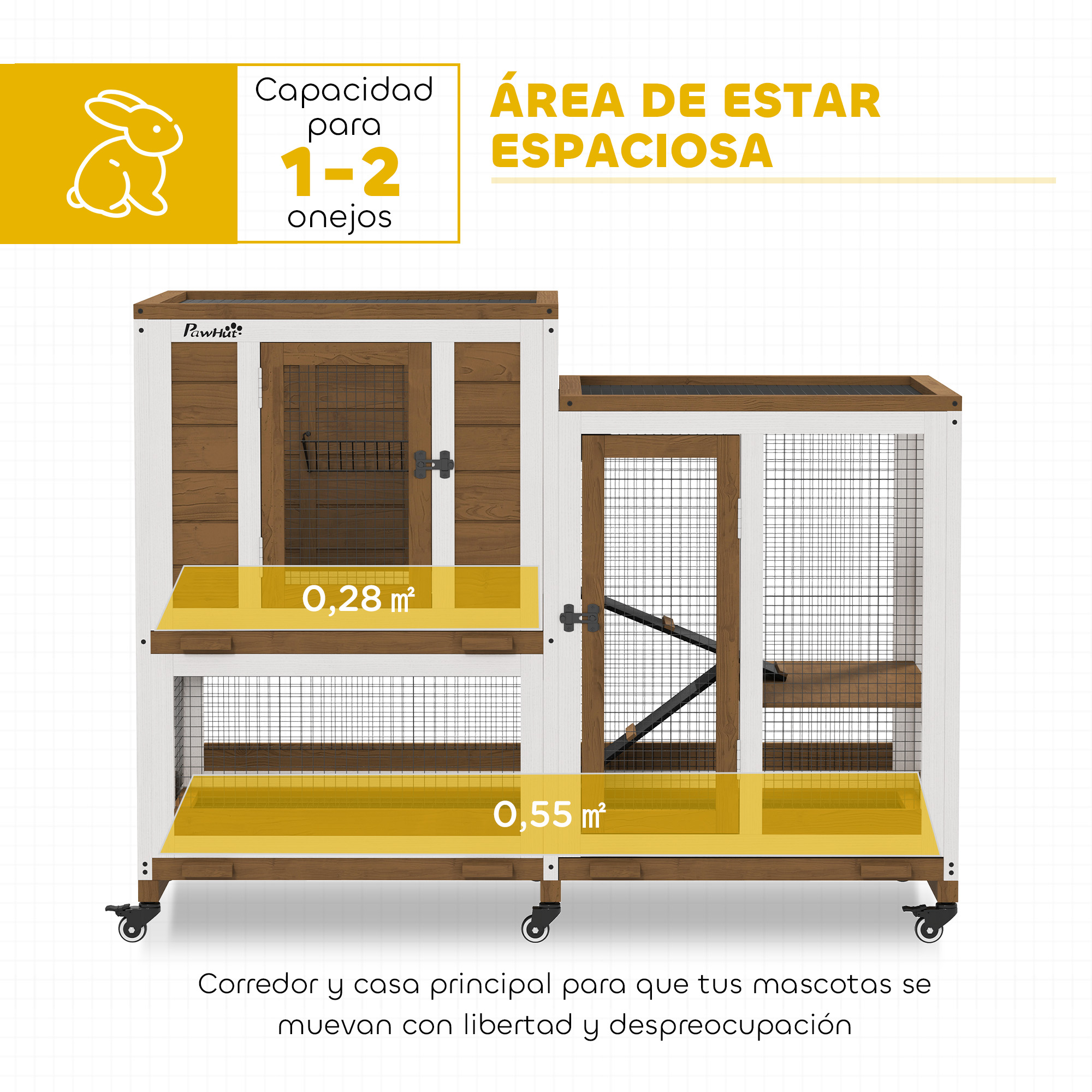 Conejera con dos secciones. Con una zona cubierta y una zona abierta con dimensiones en m².