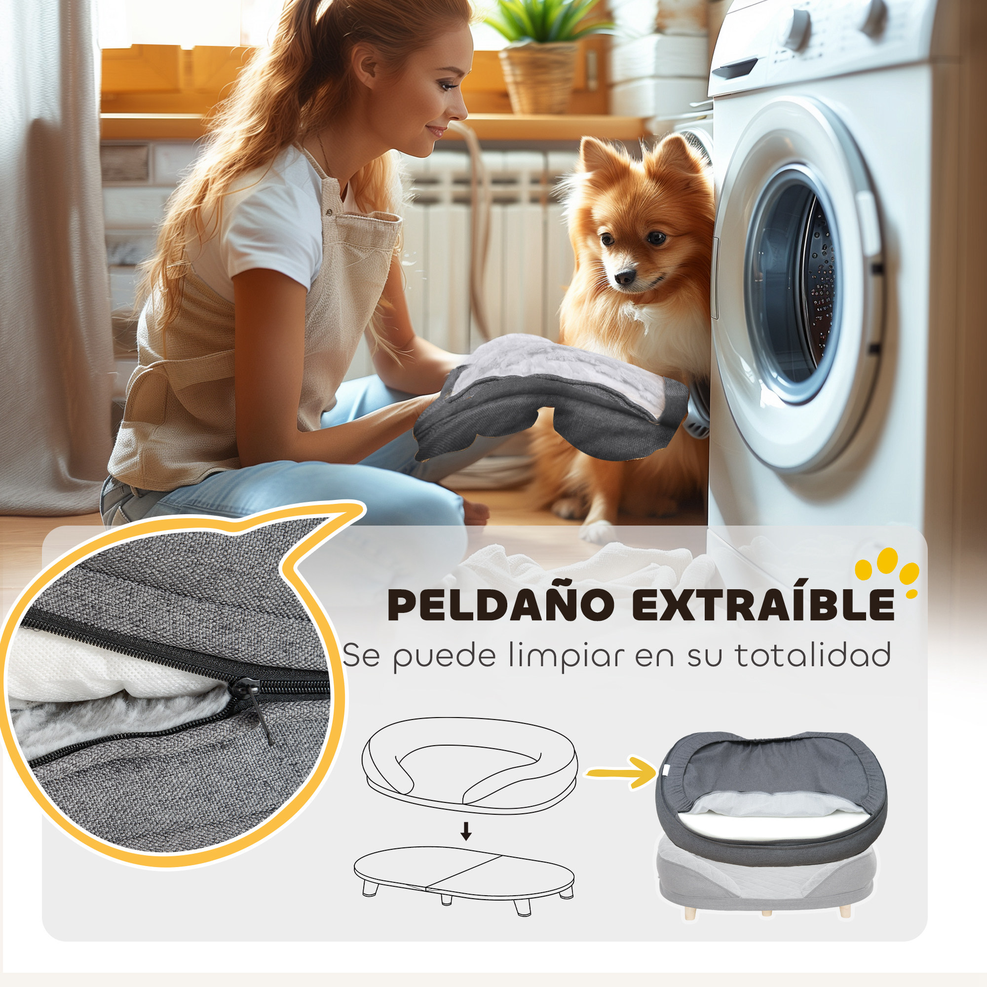 Una mujer está cerrando con cremallera una funda de cama para perros extraíble. Se muestra la cama con cojín y base.