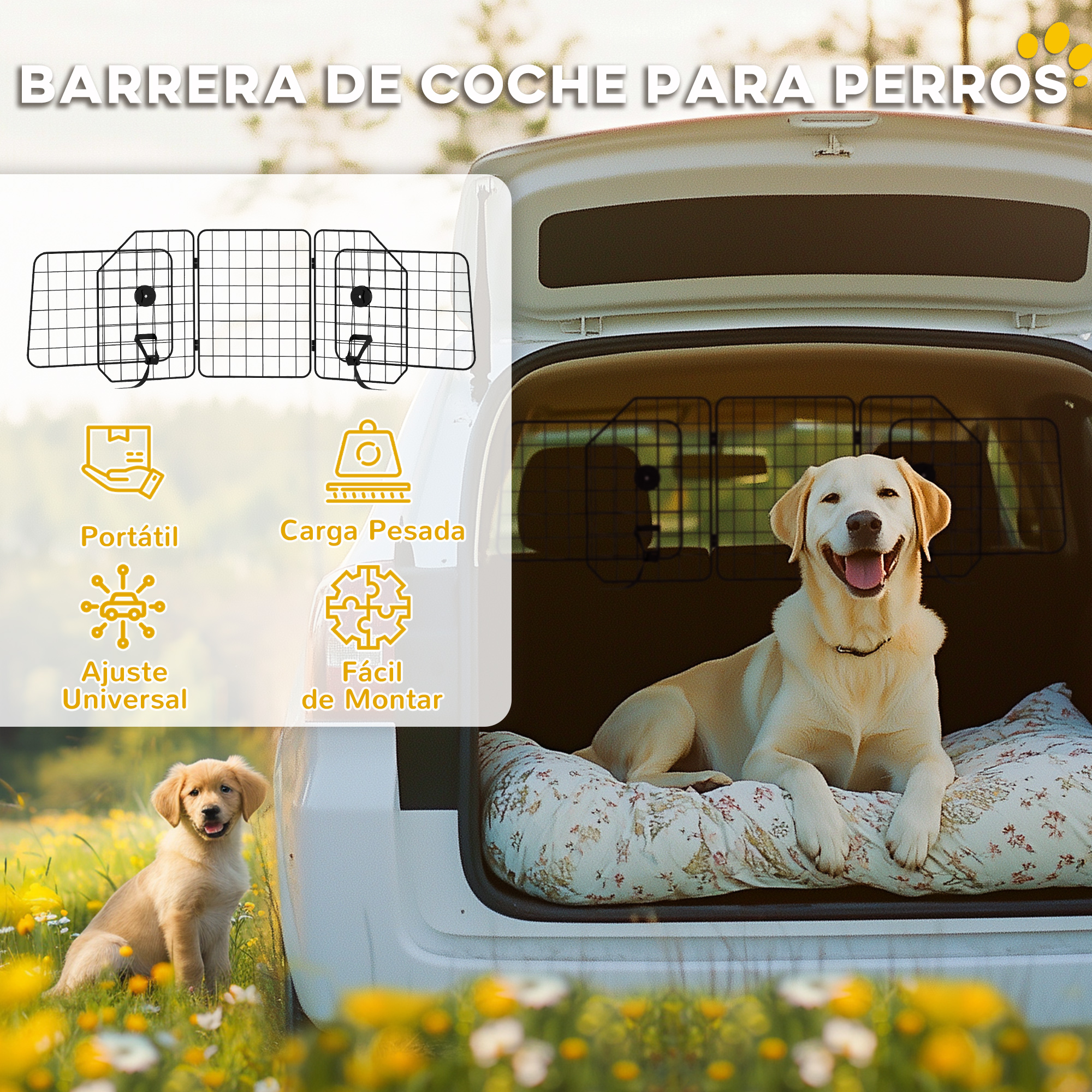 Perro en un coche con barrera. Un cachorro está en la hierba.