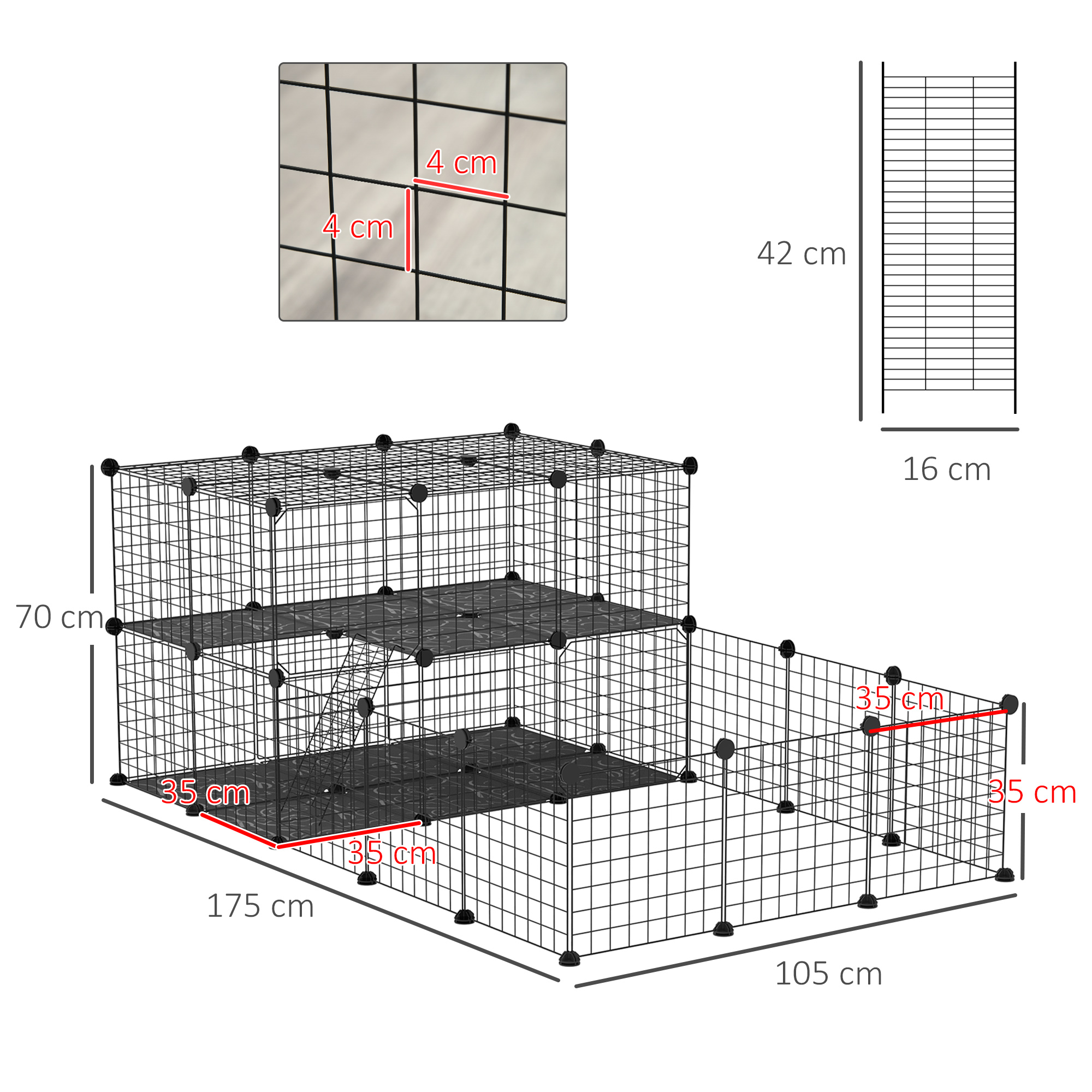 Un recinto modular para mascotas con dimensiones. Incluye paneles de alambre y piezas de conexión.