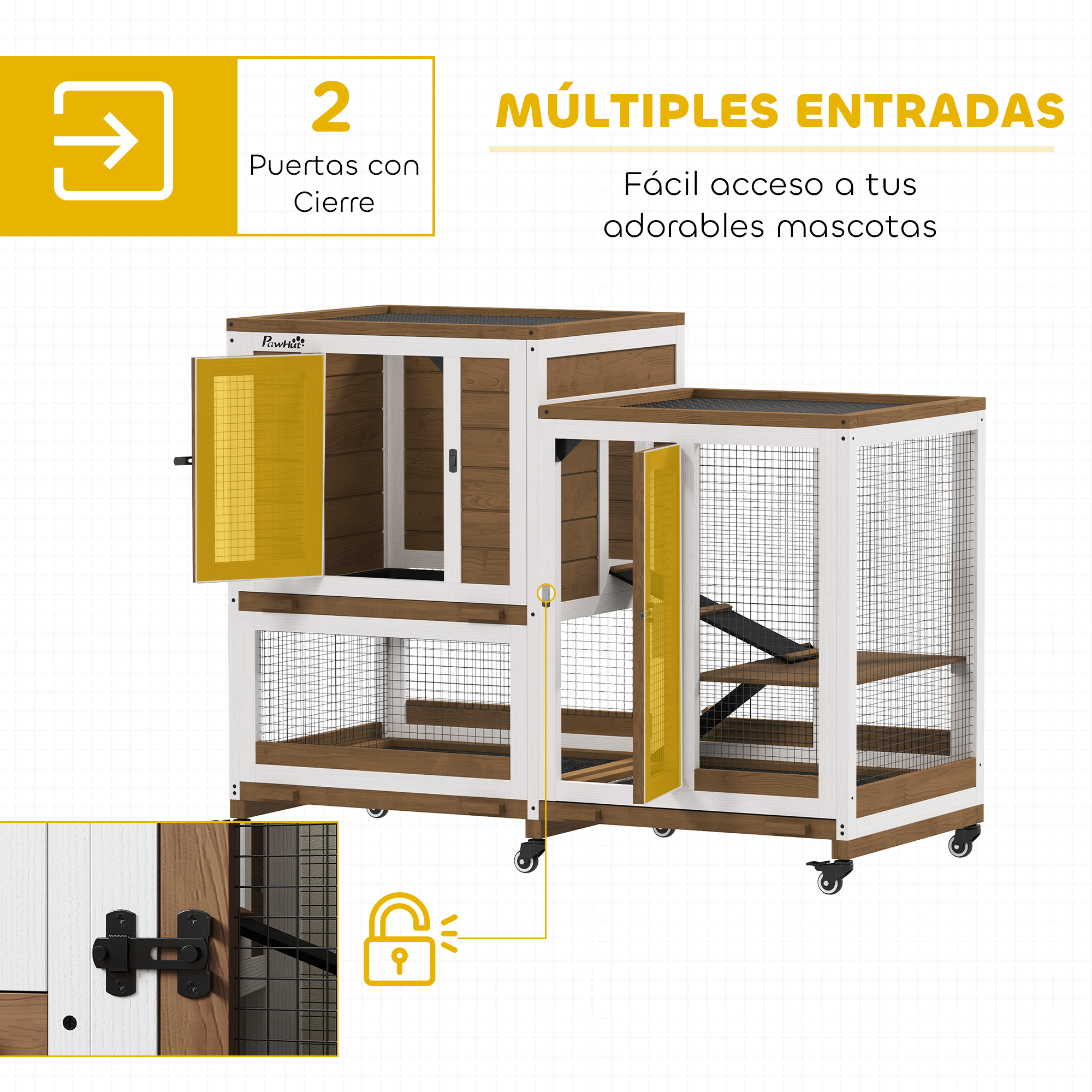 Una conejera con dos puertas y múltiples entradas. Tiene un sistema de cierre seguro.