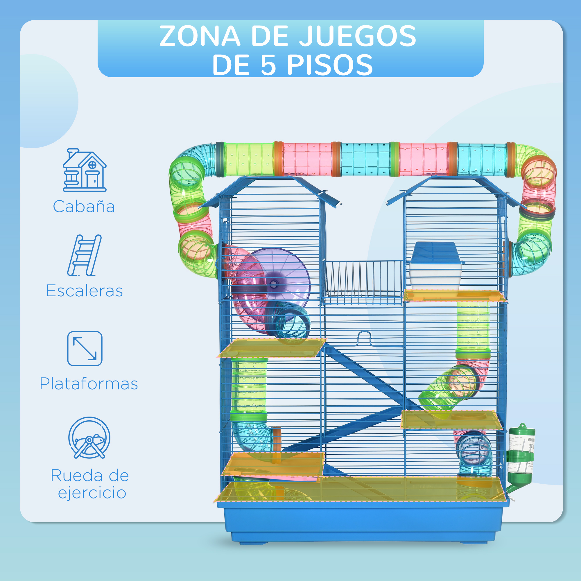 Jaula para hámster con túneles, plataformas y una rueda. Base azul y túneles coloridos.