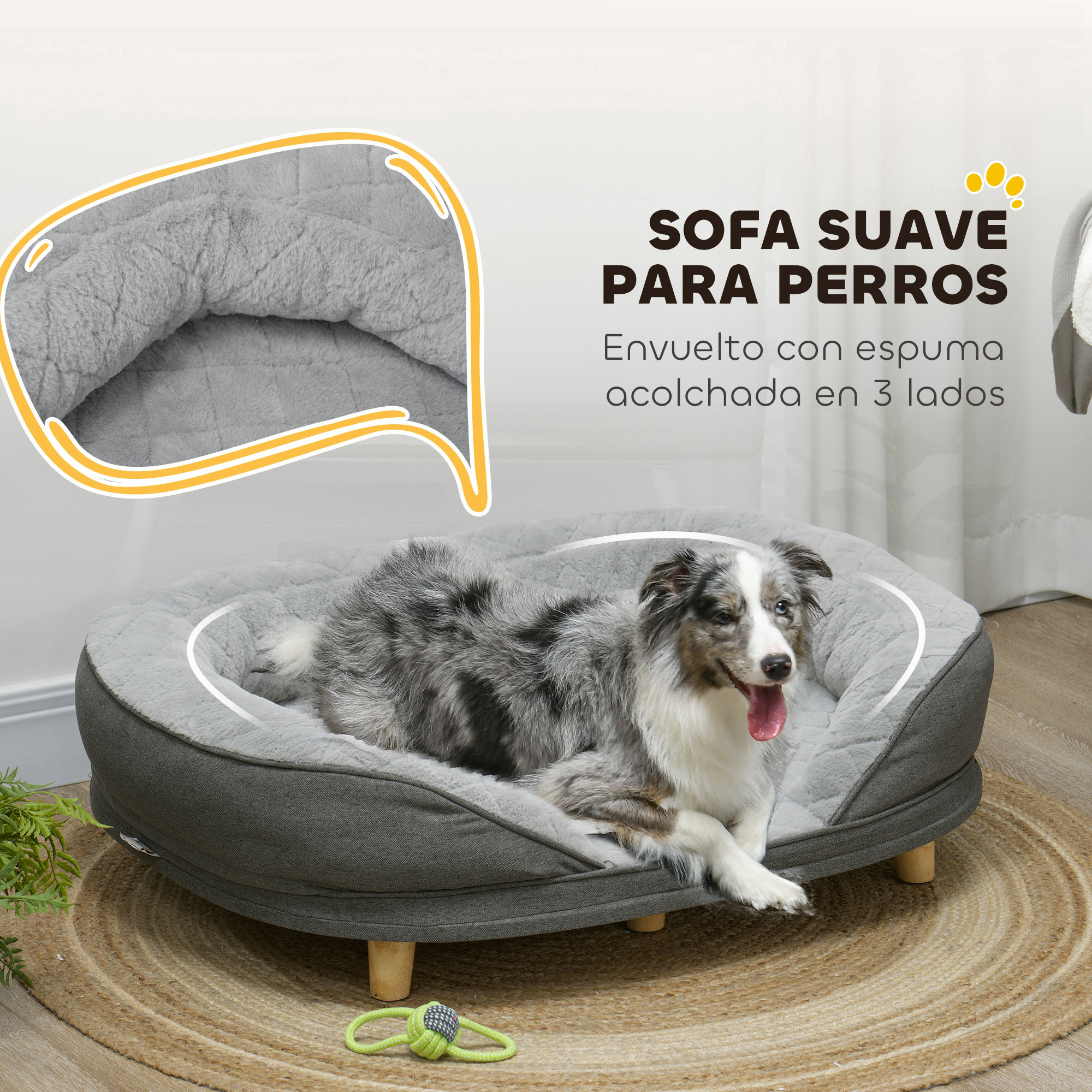 Un perro acostado en una cama para perros gris y suave sobre una alfombra marrón en una habitación.