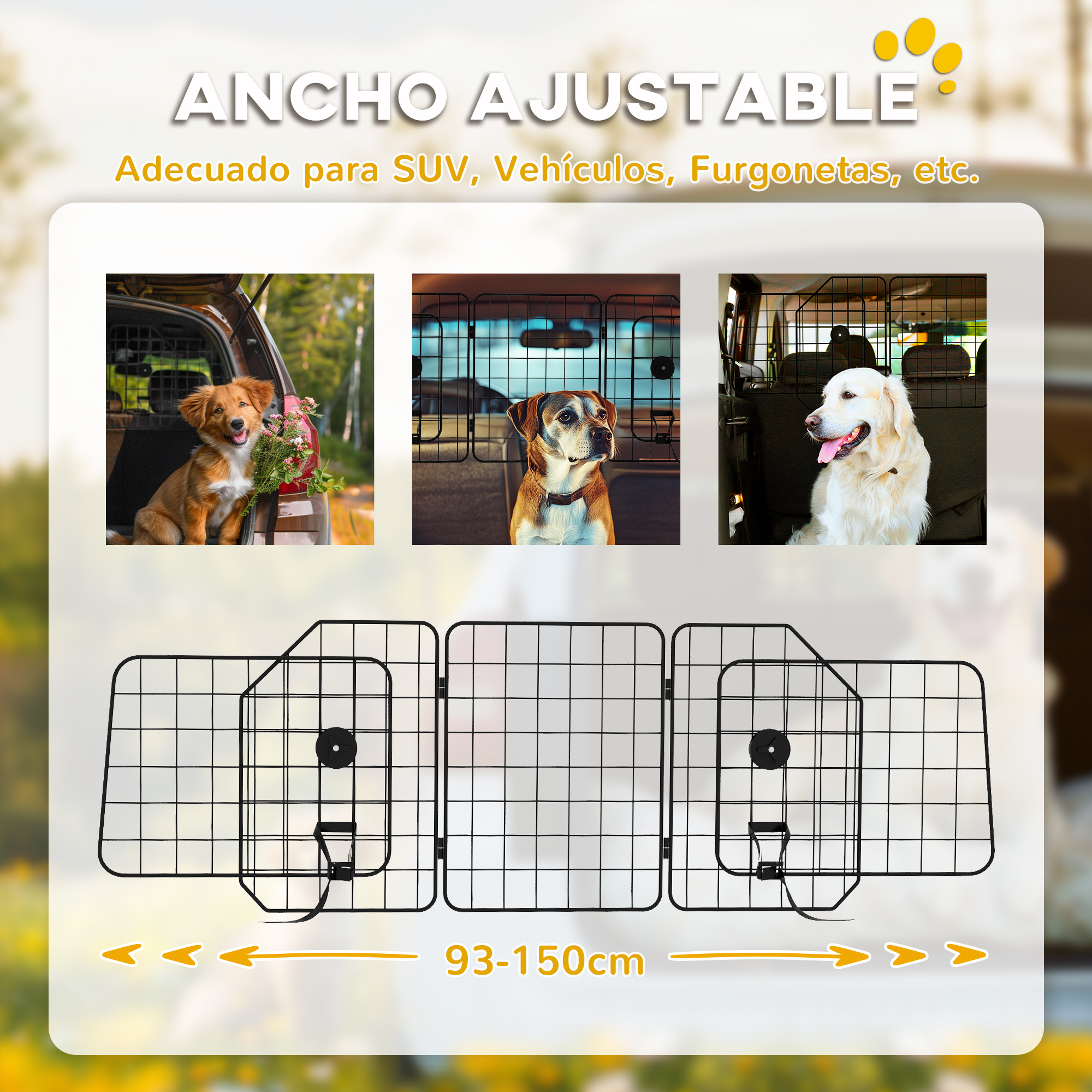 Una barrera ajustable para perros para el coche, con tres imágenes de perros en el coche.