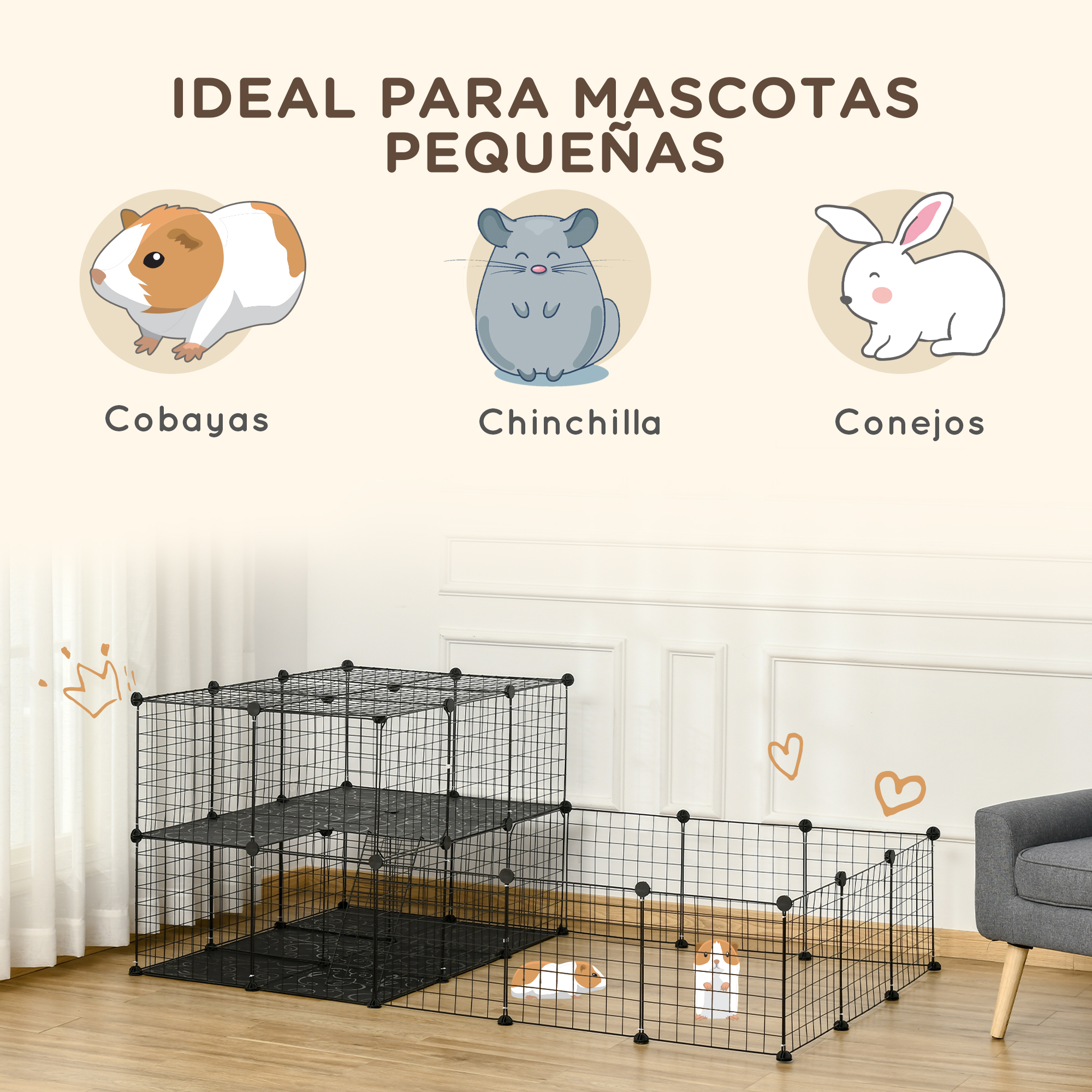Una ilustración que muestra jaulas para mascotas pequeñas. La imagen presenta un conejillo de Indias, una chinchilla y un conejo.