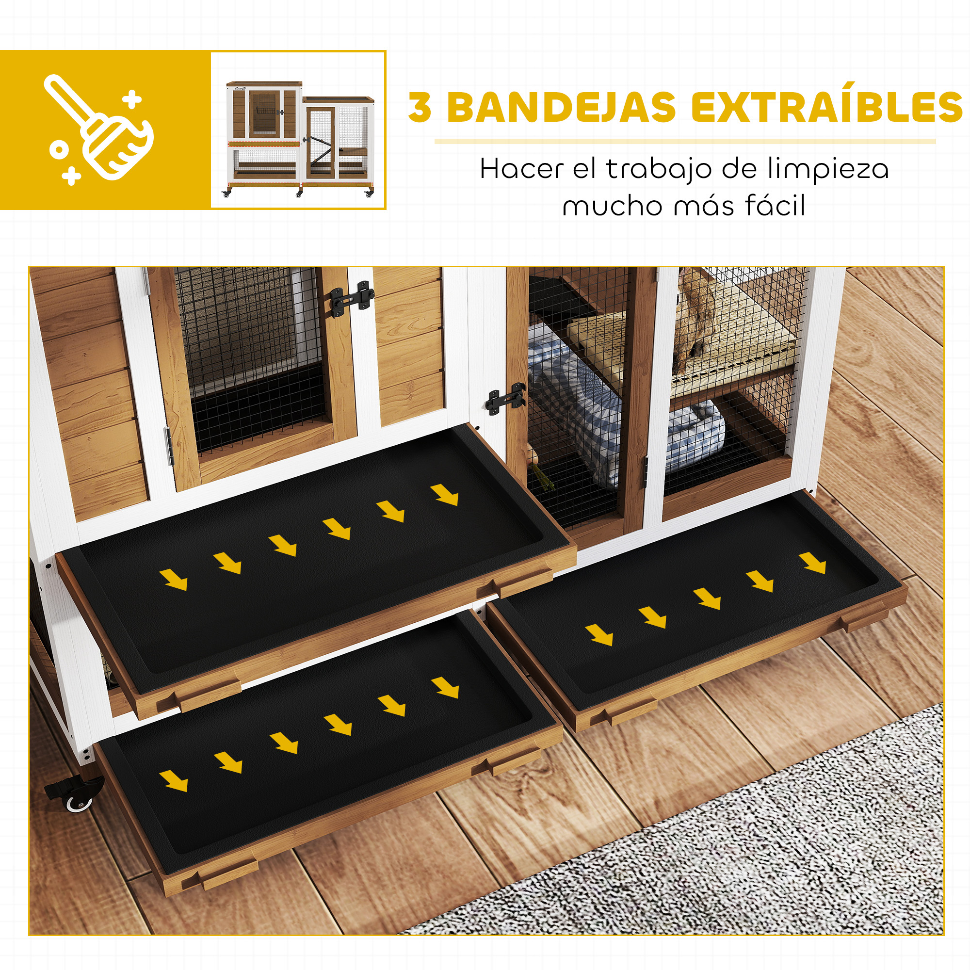 Tres bandejas negras en una casa para gatos. Flechas amarillas muestran la dirección. Texto: 3 bandejas extraíbles facilitan la limpieza.
