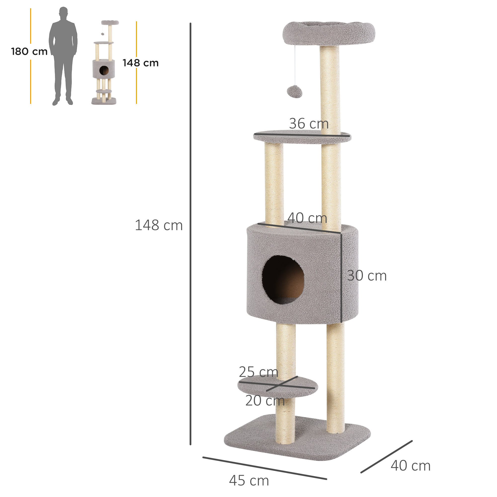 Un árbol para gatos alto con dimensiones mostradas. Tiene una base, plataformas, un condominio y un juguete colgante.
