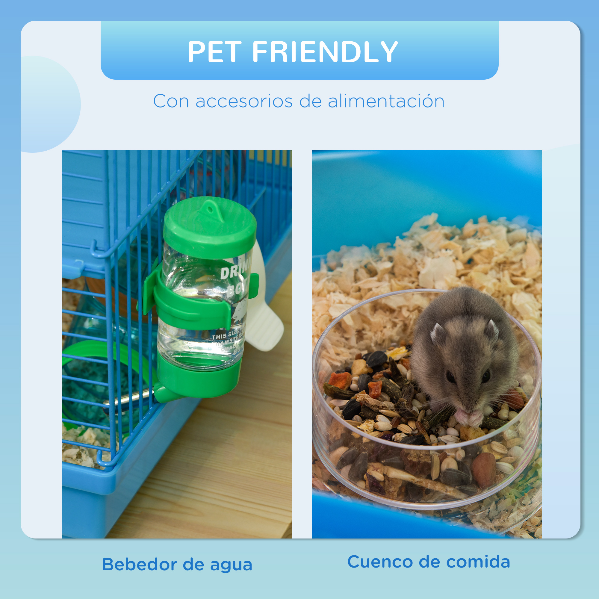 Suministros para mascotas: Una jaula azul con agua y un comedero. Un hámster en un comedero.