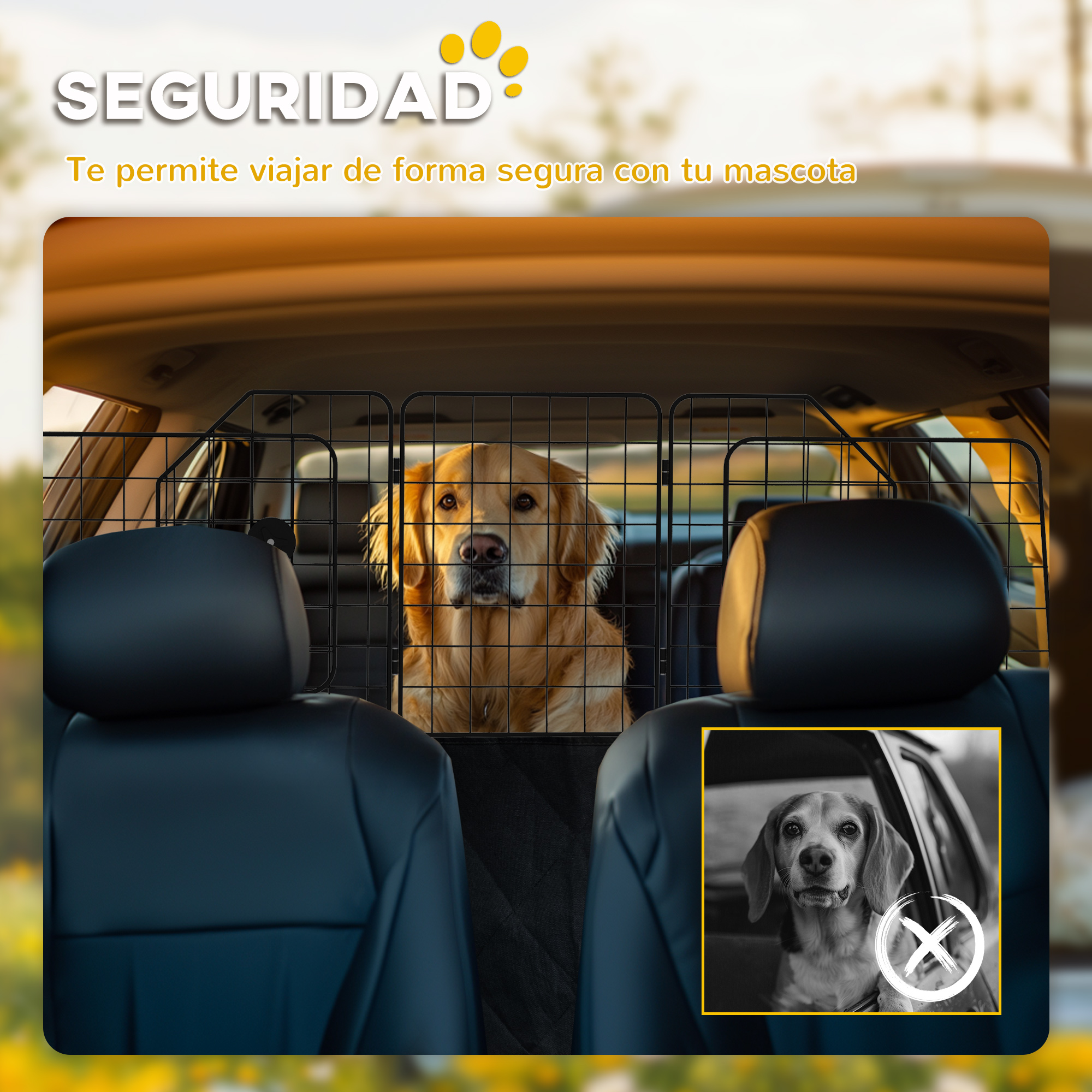 Perro en un coche detrás de una barrera. Un gráfico muestra que un perro sin arnés es inseguro.