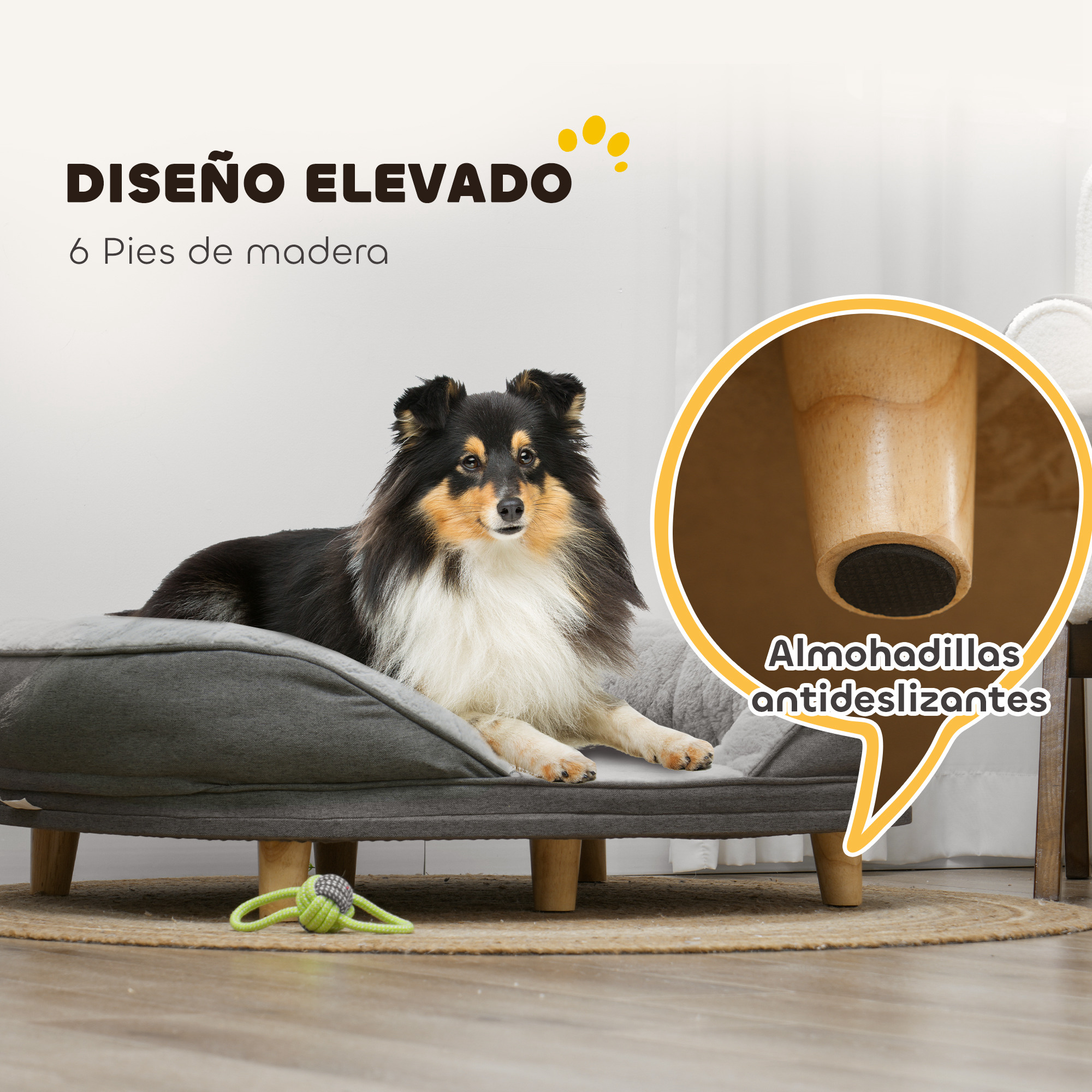 Cama para perros con patas de madera, un perro yace sobre ella. La cama tiene almohadillas antideslizantes.