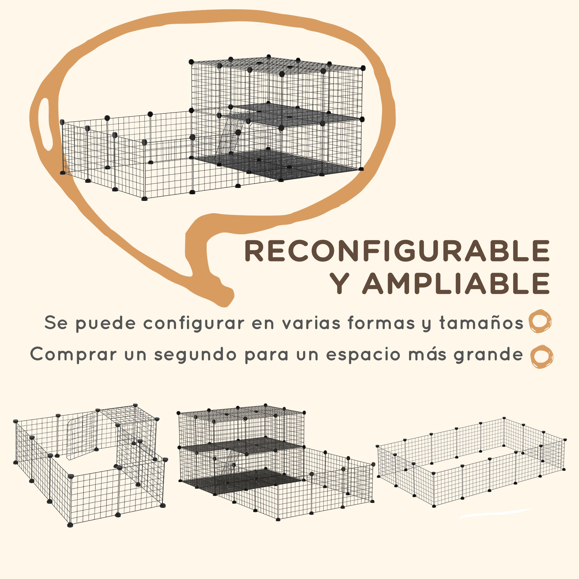 Juego de parque para mascotas reconfigurable y ampliable en diferentes formas. Se puede configurar en varias formas y tamaños.