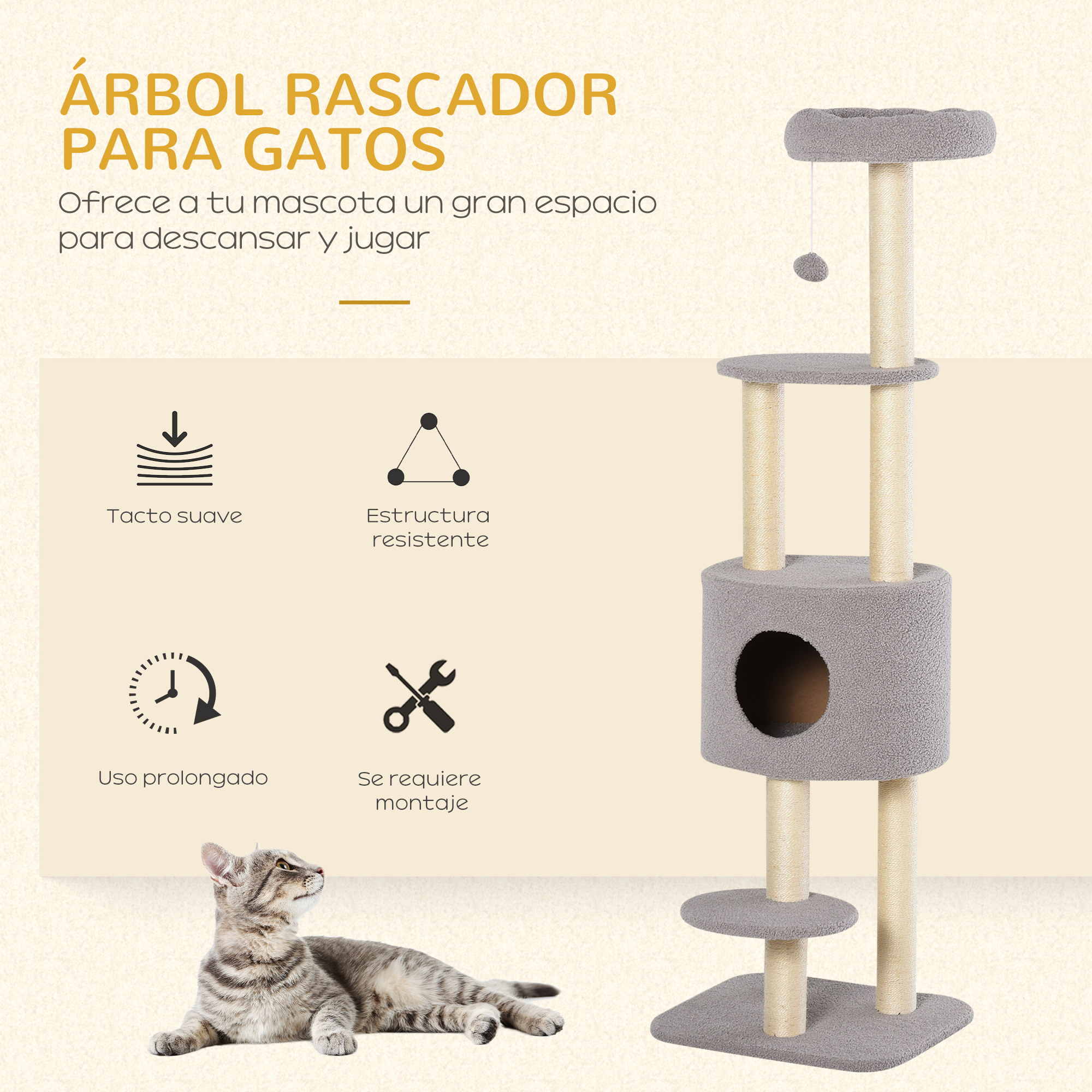 Un rascador para gatos con un gato. Características: tacto suave, estructura resistente y fácil montaje.