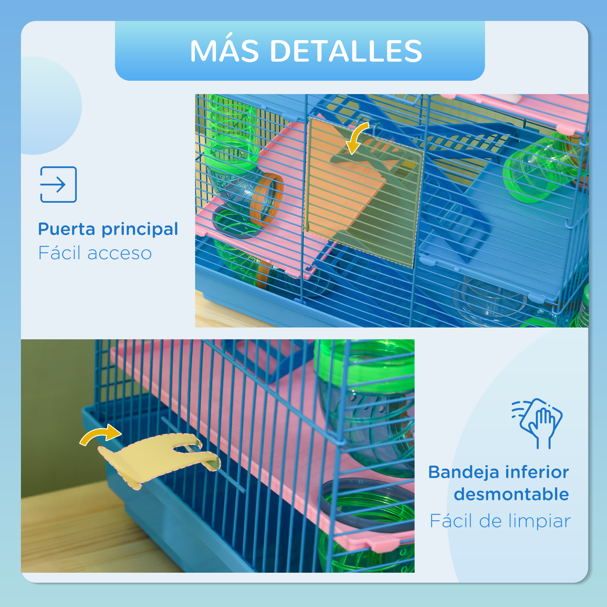 Una jaula azul para hámsteres con plataformas y accesorios rosas, promoviendo fácil acceso y limpieza.
