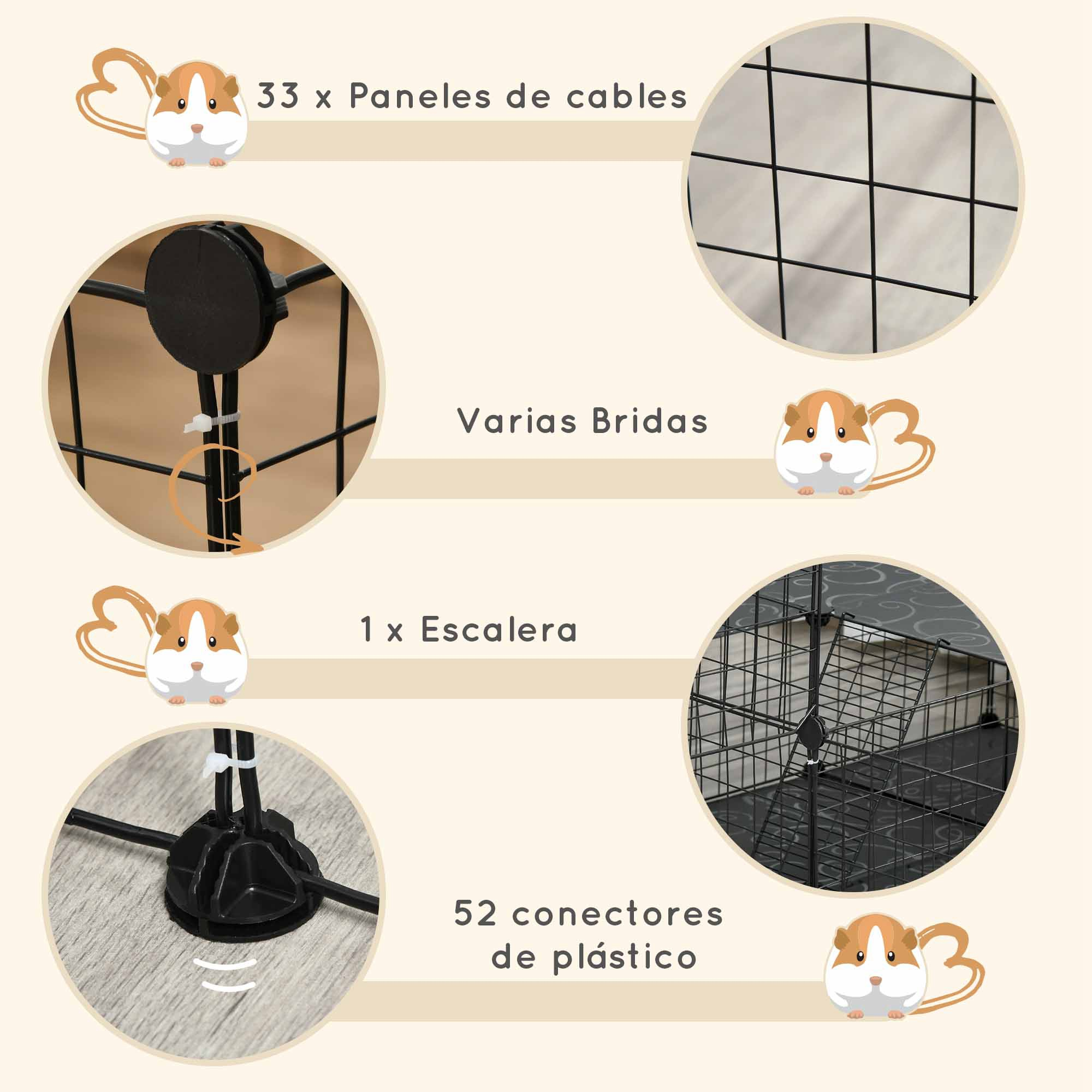 Imagen de componentes para una jaula para mascotas. Características: paneles, sujetadores, escalera y conectores.
