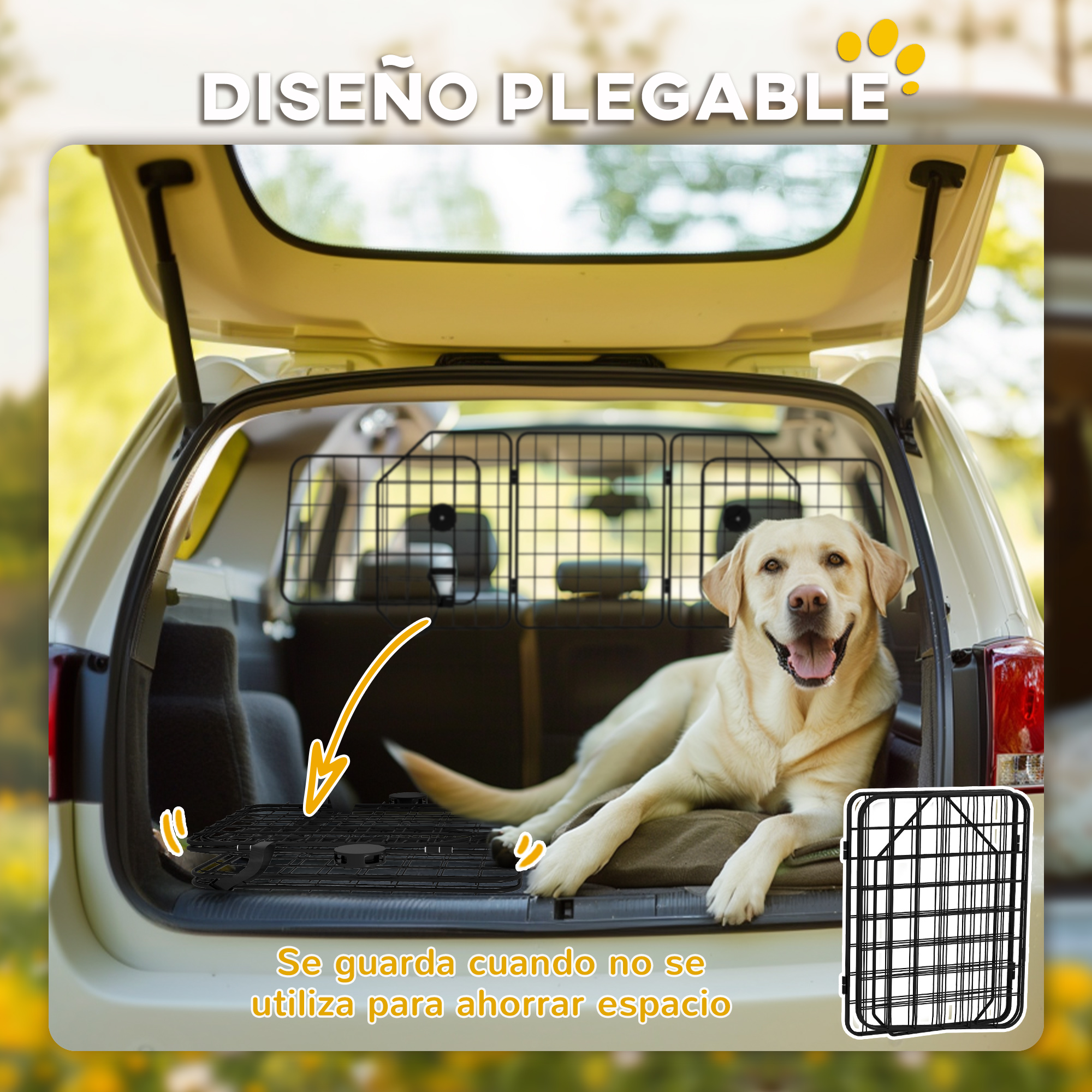Labrador amarillo en el maletero con barrera plegable para perros. La barrera está plegada en el coche.