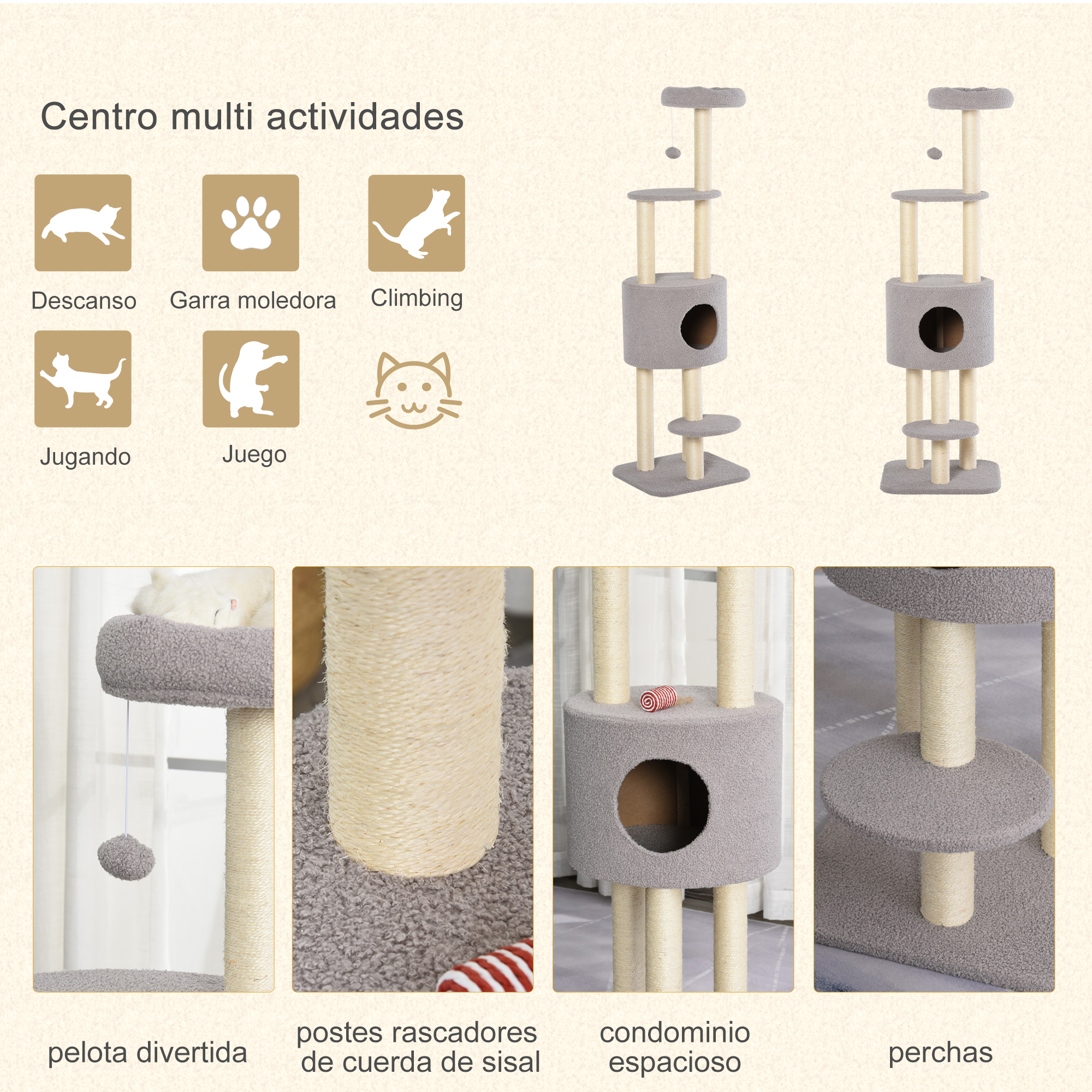 Un árbol para gatos multi actividades con varias funciones: descanso, rascado, escalada, juego.