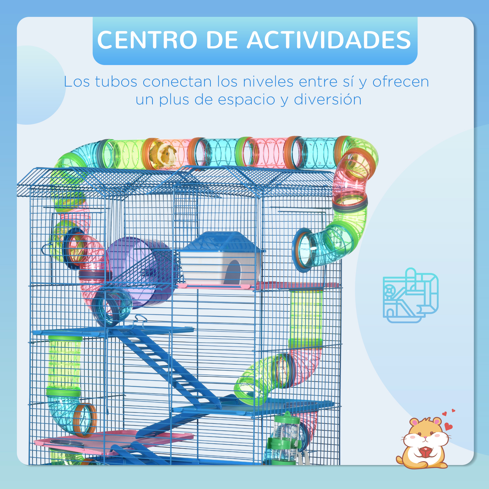 Centro de actividades para hámsters azul. Tubos y varios niveles dentro de la jaula.
