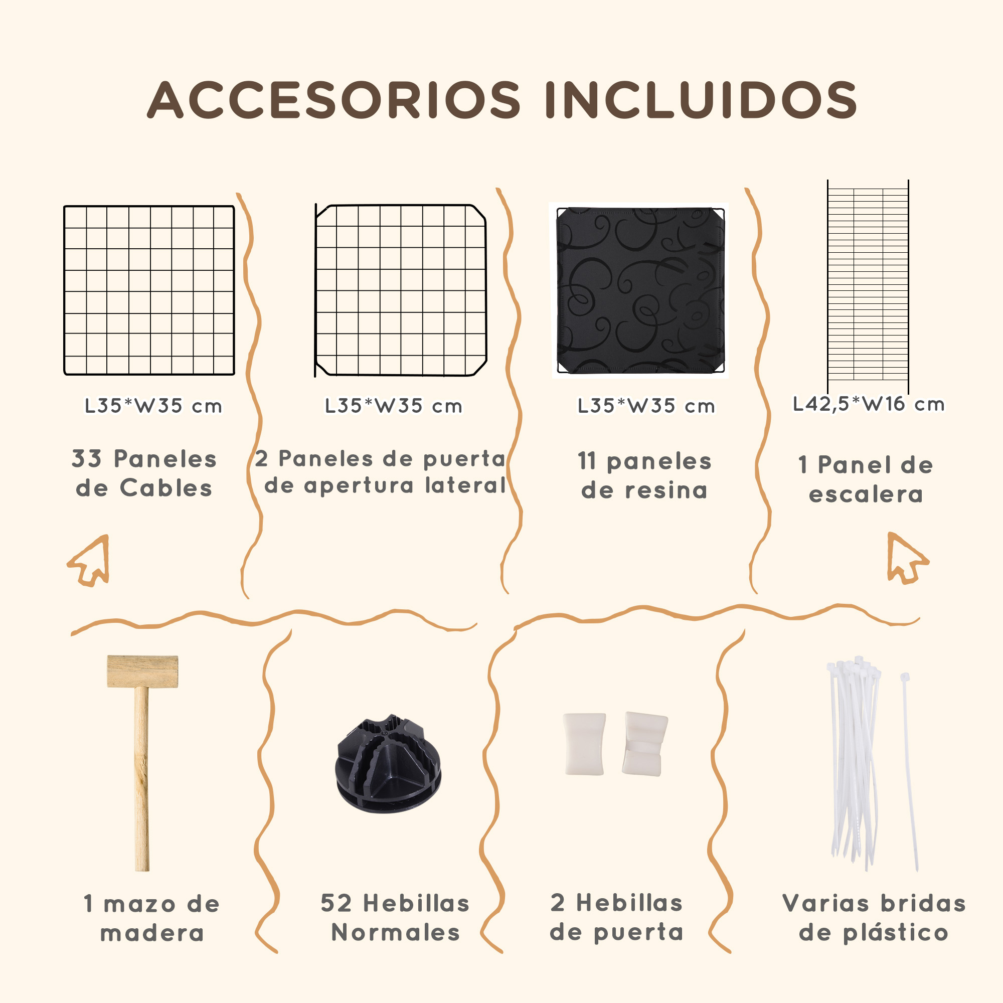 Varios accesorios para un recinto para mascotas, incluidos paneles, mazo de madera, hebillas y bridas de plástico.
