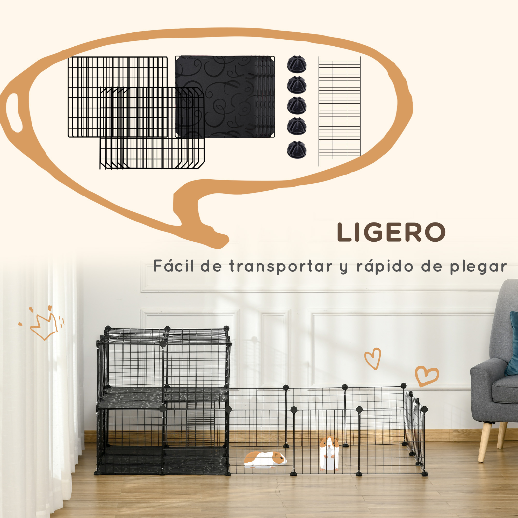 Un recinto negro para mascotas con un conejillo de Indias dentro. Se muestran otras partes del recinto.