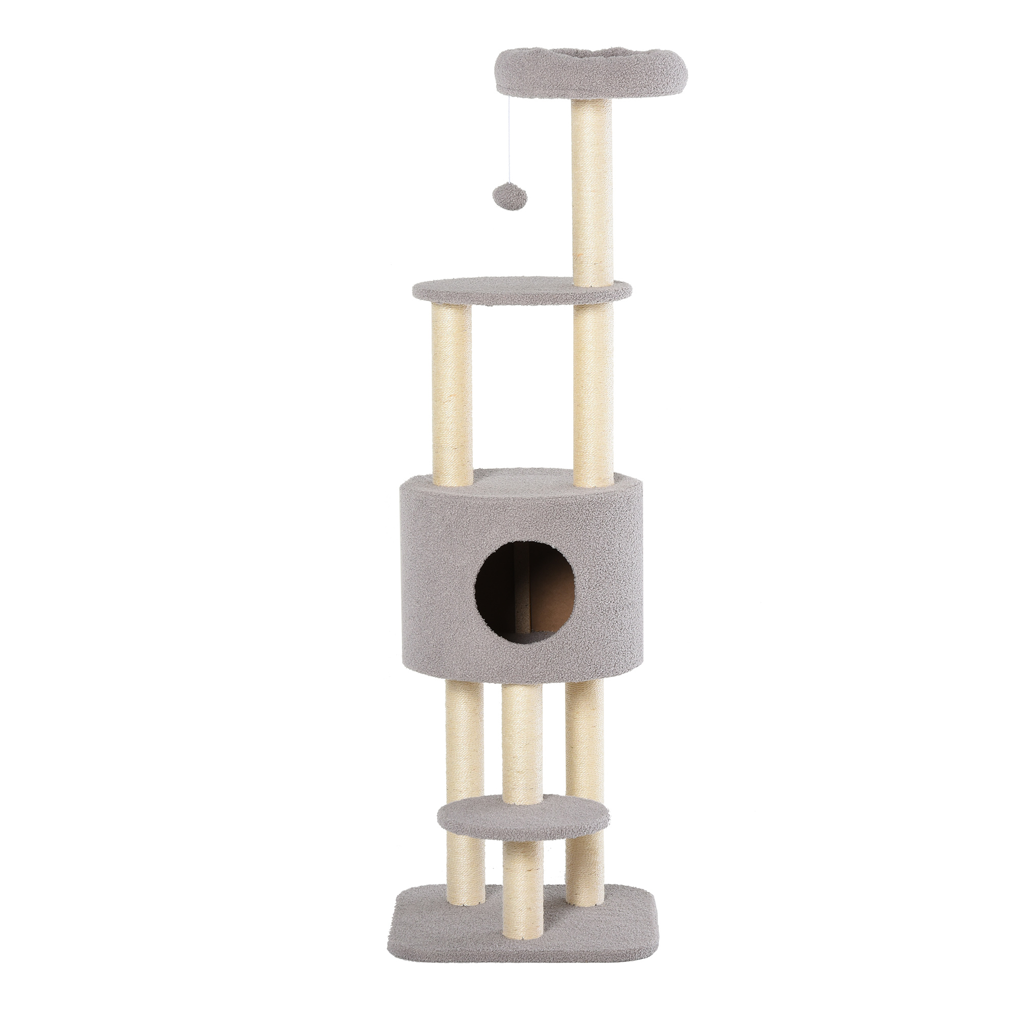 Un árbol para gatos alto con múltiples plataformas y postes rascadores de diferentes alturas. Gris.