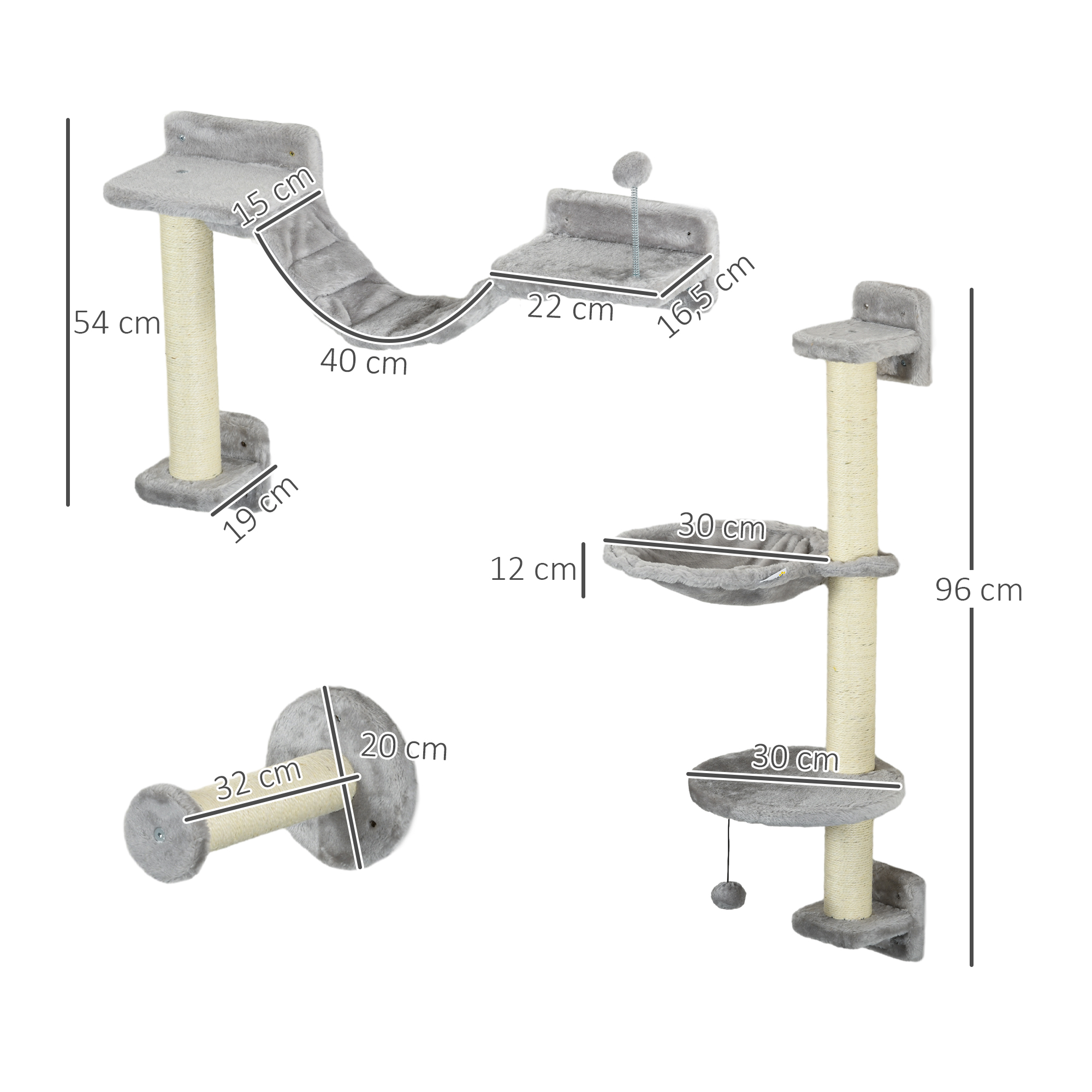 Componentes del árbol para gatos: plataformas, un puente curvo y postes para rascar. Se muestran dimensiones y medidas.
