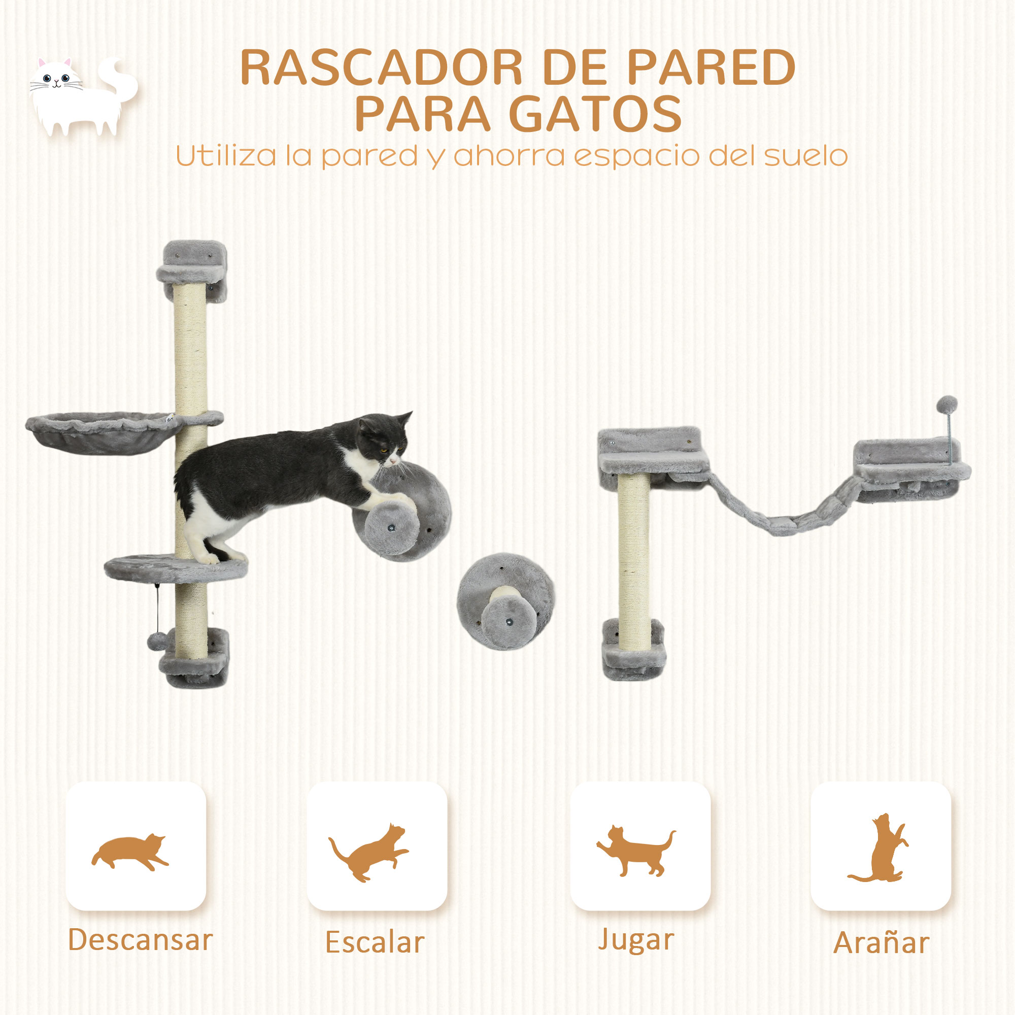 Árbol para gatos con plataformas grises y un gato trepando y jugando.
