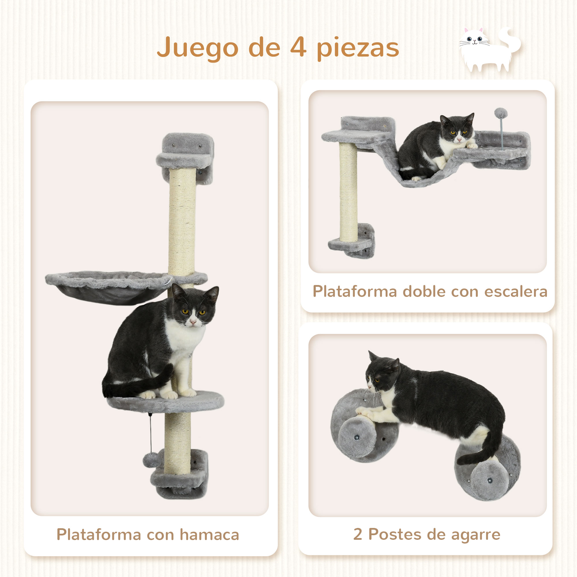 Árbol para gatos con plataformas, hamaca y postes rascadores. Se muestran dos gatos en la estructura.