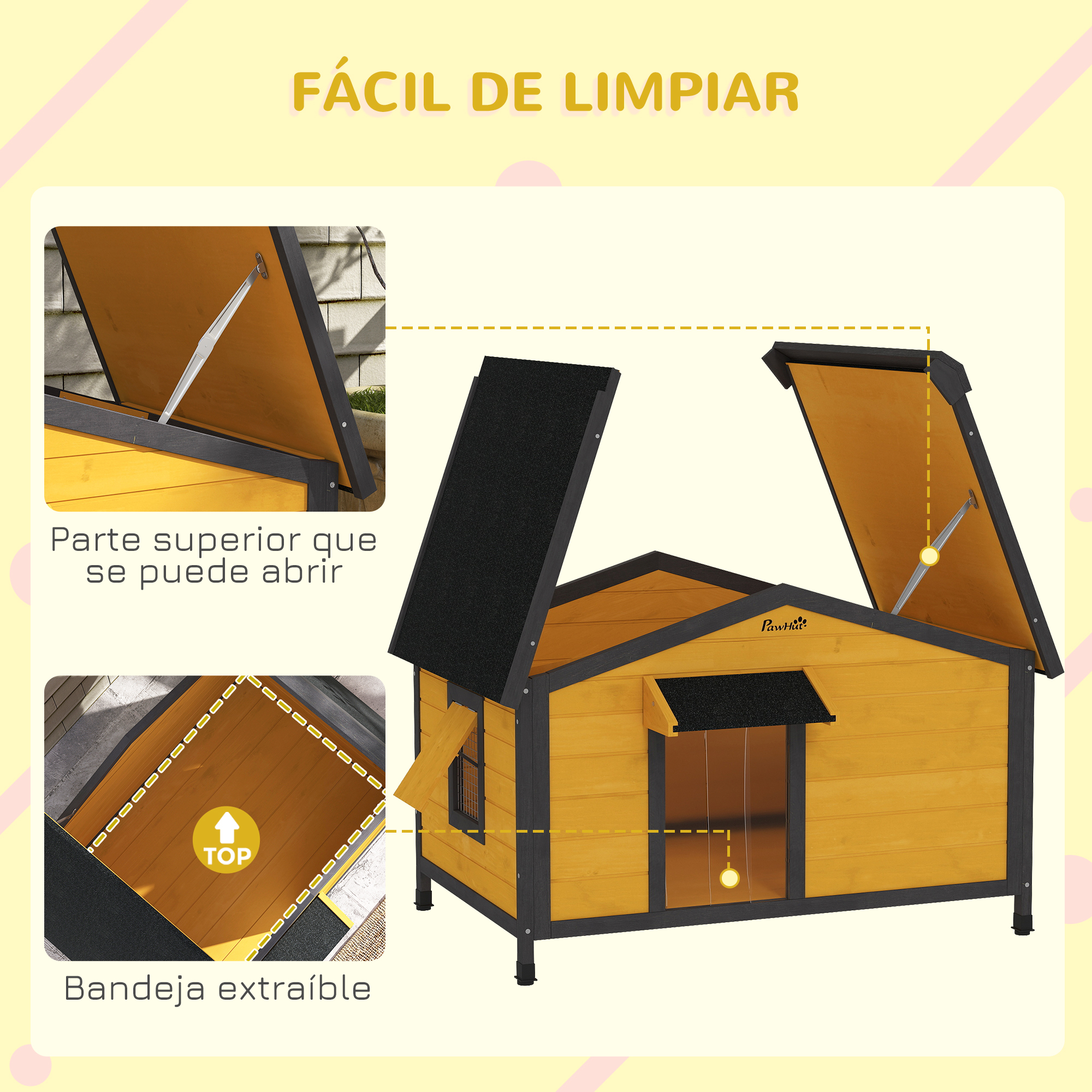 Casa de perro de madera con techo abatible, bandeja extraíble y techo negro. Fondo amarillo.